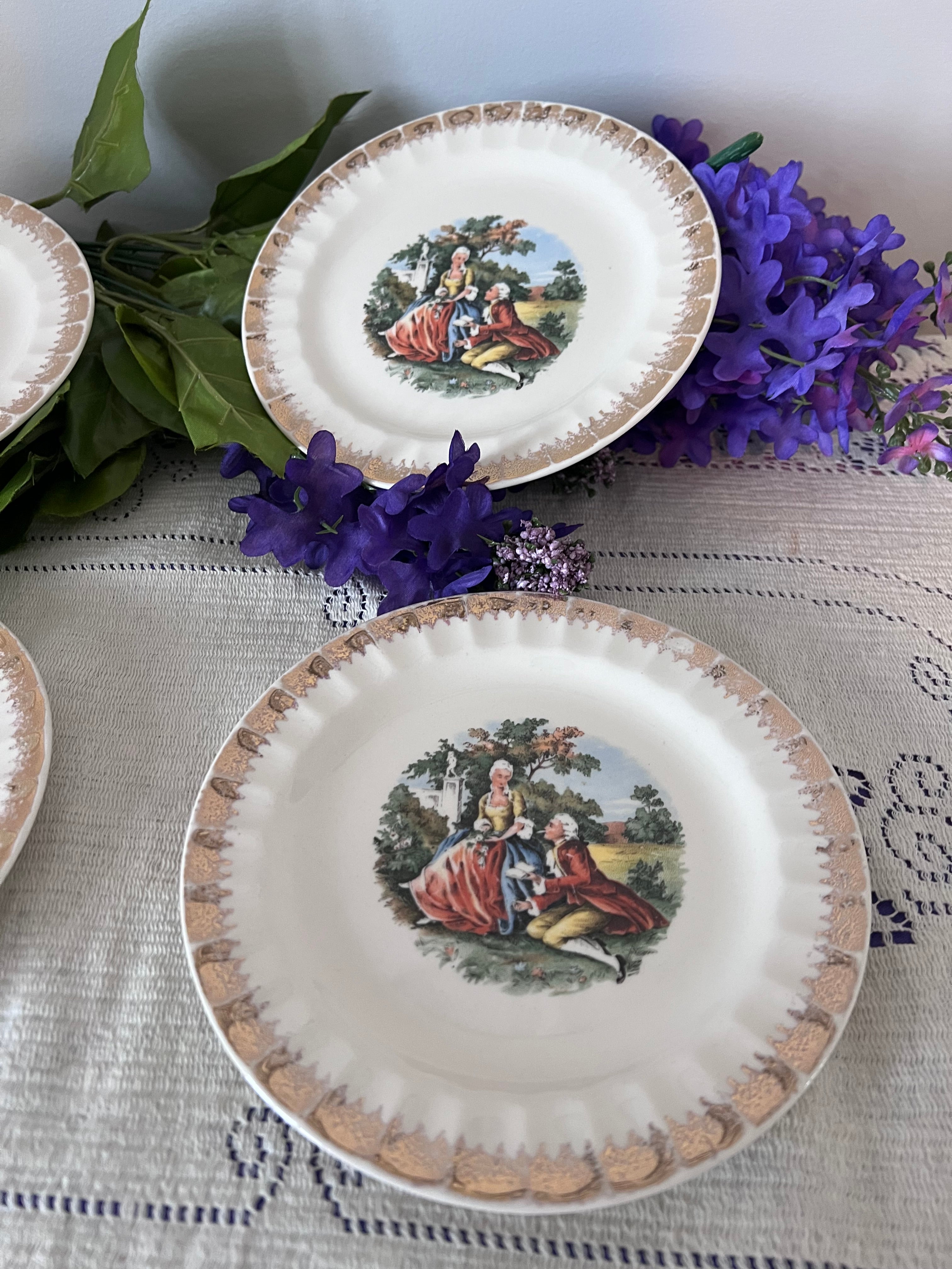 Vintage Courting Couple Dessert Plates – Set of 4, 22K Gold Filigree Ruffled Edge