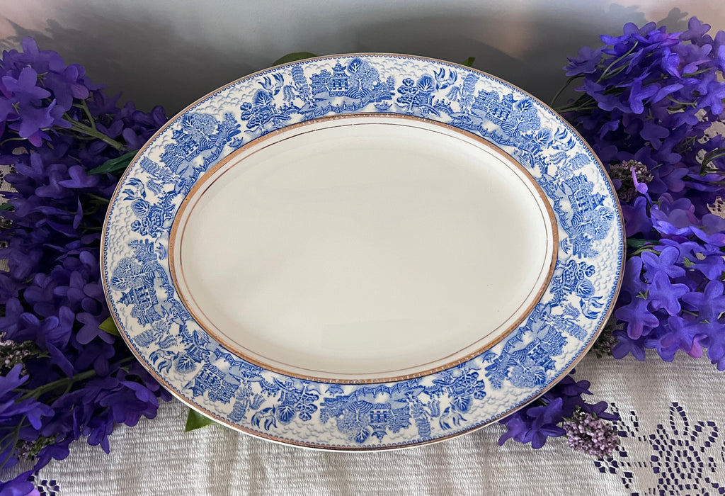 Vintage Myott Son & Co "Ye Olde Willow" Large Oval Platter with Gold Trim