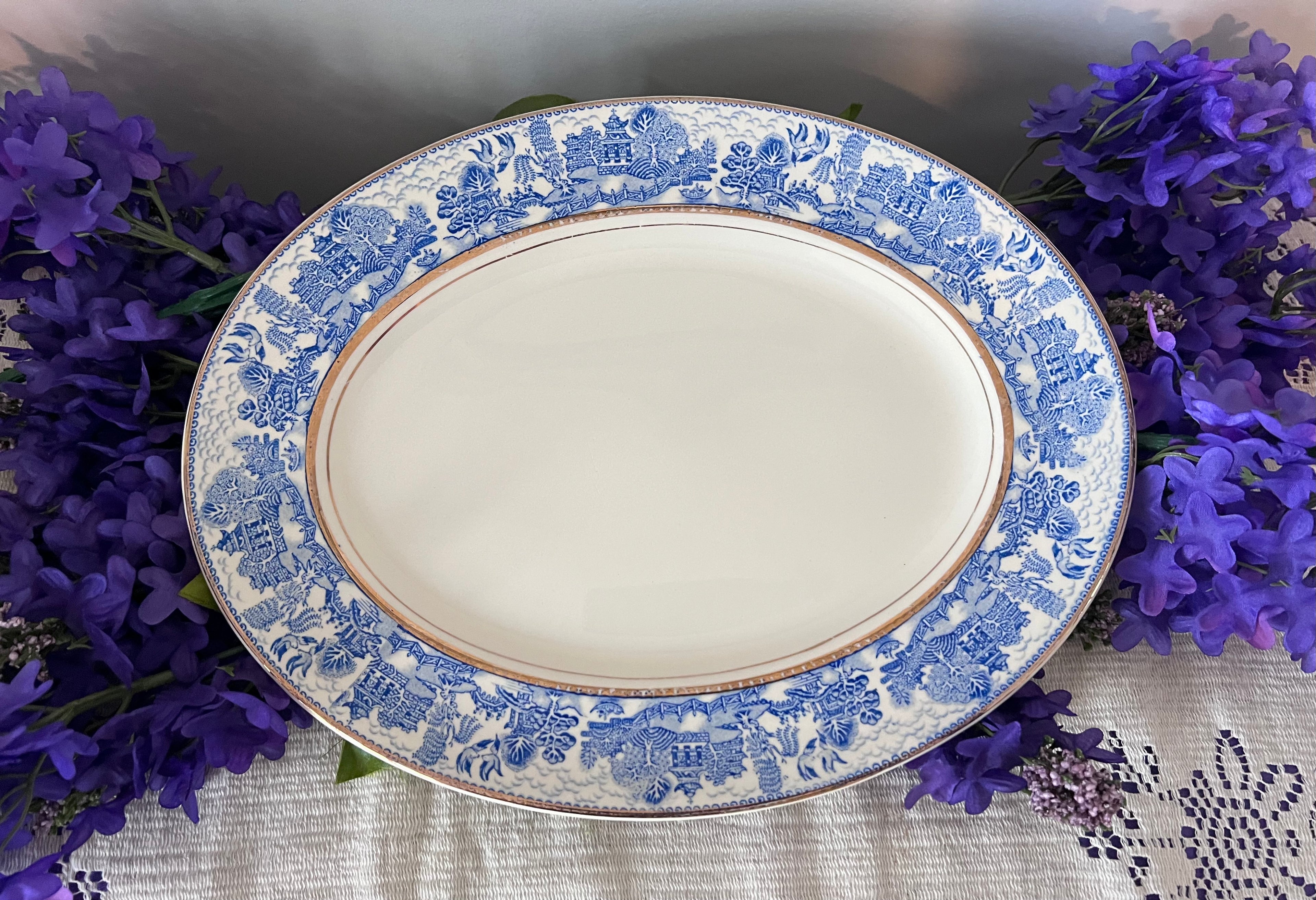 Vintage Myott Son & Co "Ye Olde Willow" Large Oval Platter with Gold Trim