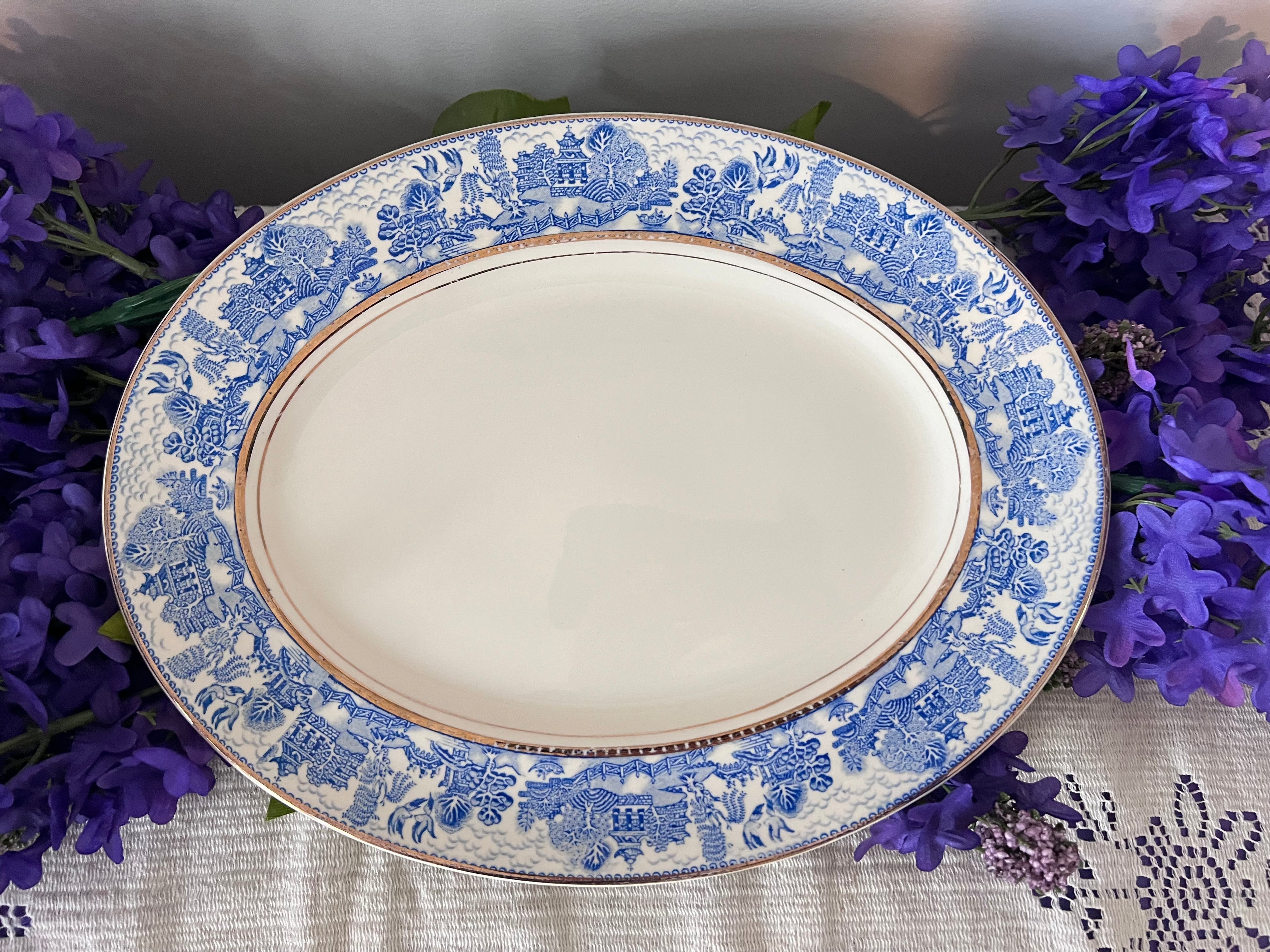 Vintage Myott Son & Co "Ye Olde Willow" Large Oval Platter with Gold Trim