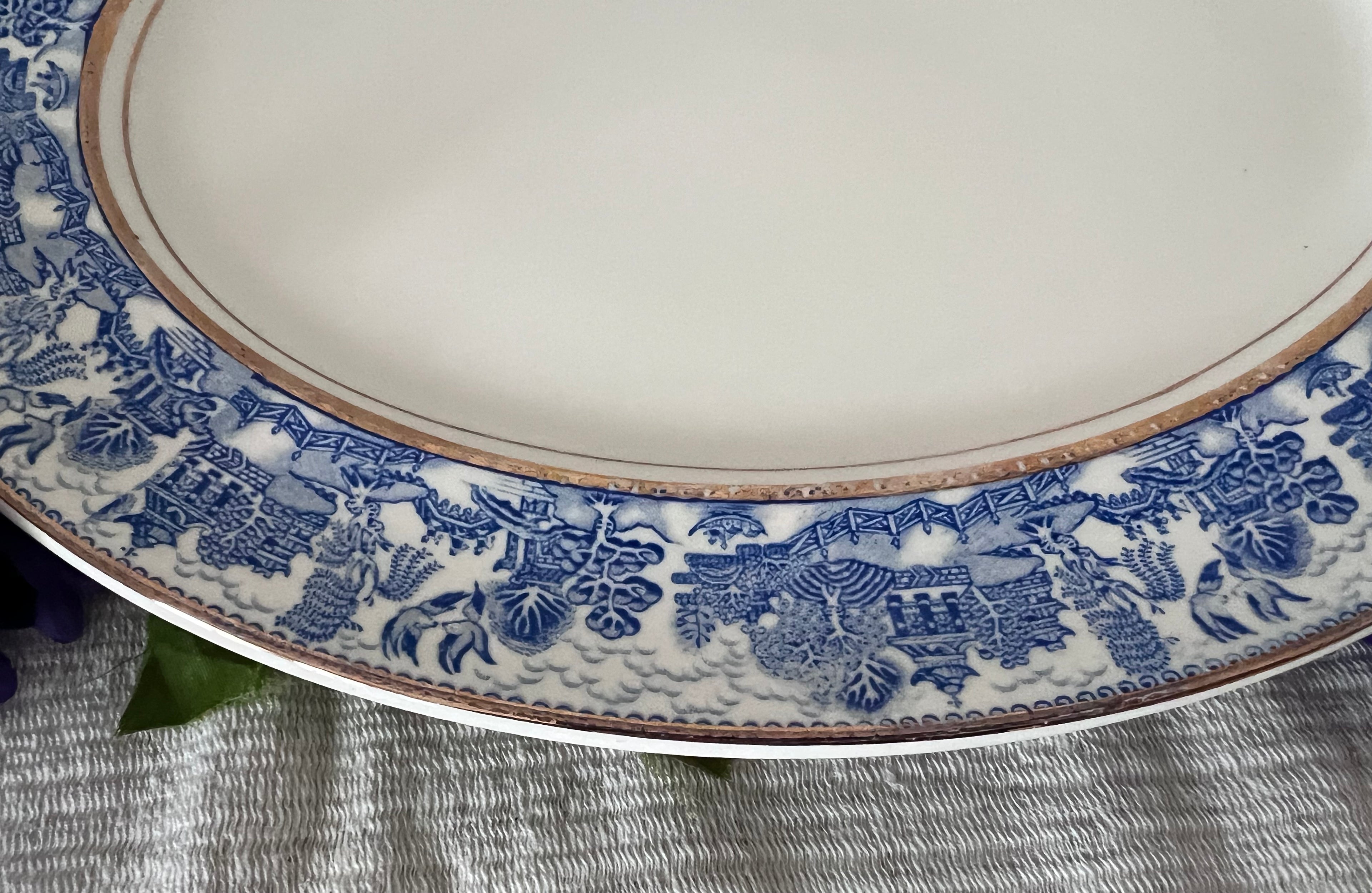 Vintage Myott Son & Co "Ye Olde Willow" Large Oval Platter with Gold Trim