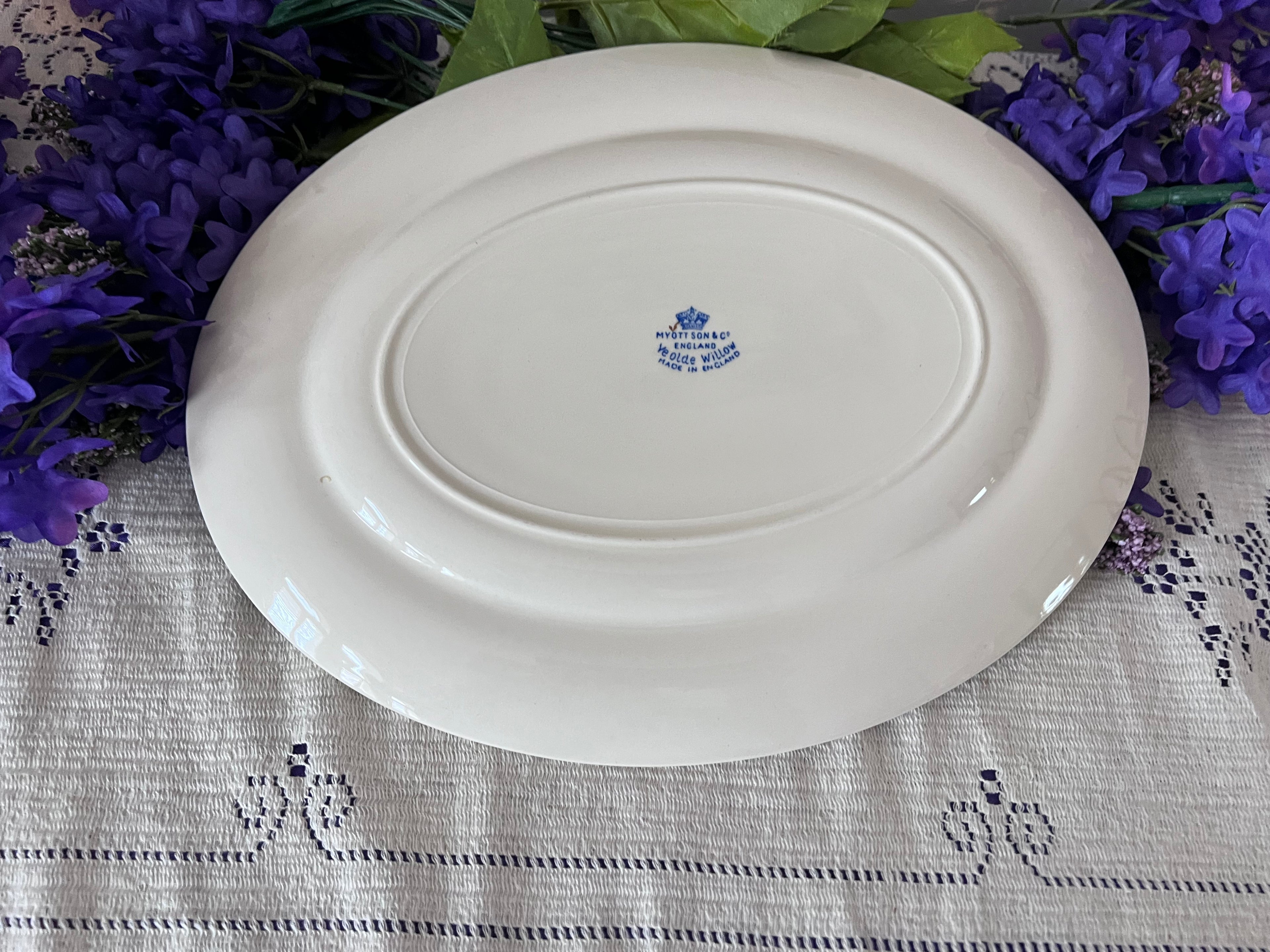 Vintage Myott Son & Co "Ye Olde Willow" Large Oval Platter with Gold Trim