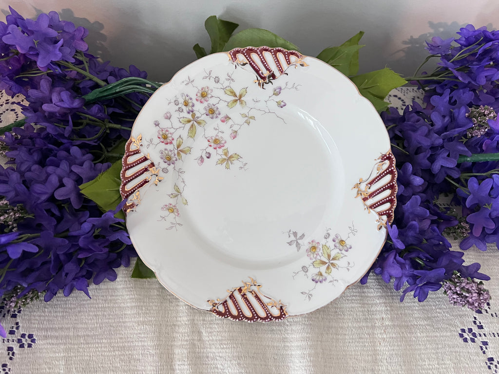 Antique German Porcelain Cabinet Plate – Pierced Burgundy & Gold Lattice Rim – Delicate Wildflower Floral Spray – Hand-Painted "QQ" Mark