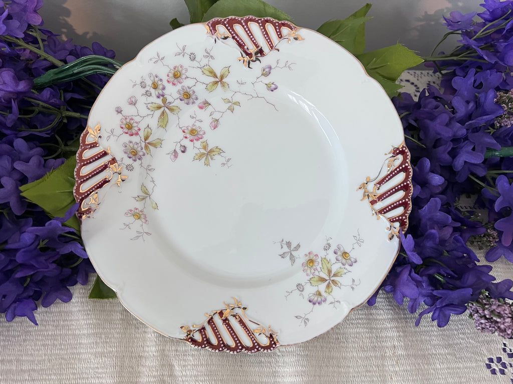 Antique German Porcelain Cabinet Plate – Pierced Burgundy & Gold Lattice Rim – Delicate Wildflower Floral Spray – Hand-Painted "QQ" Mark