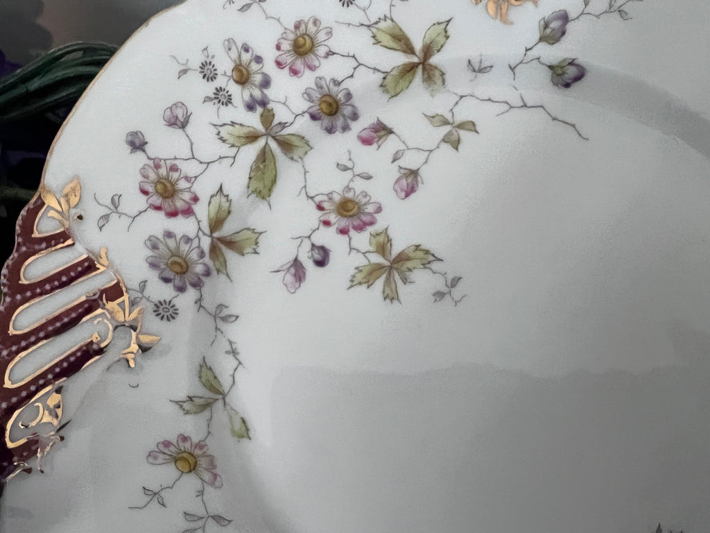 Antique German Porcelain Cabinet Plate – Pierced Burgundy & Gold Lattice Rim – Delicate Wildflower Floral Spray – Hand-Painted "QQ" Mark