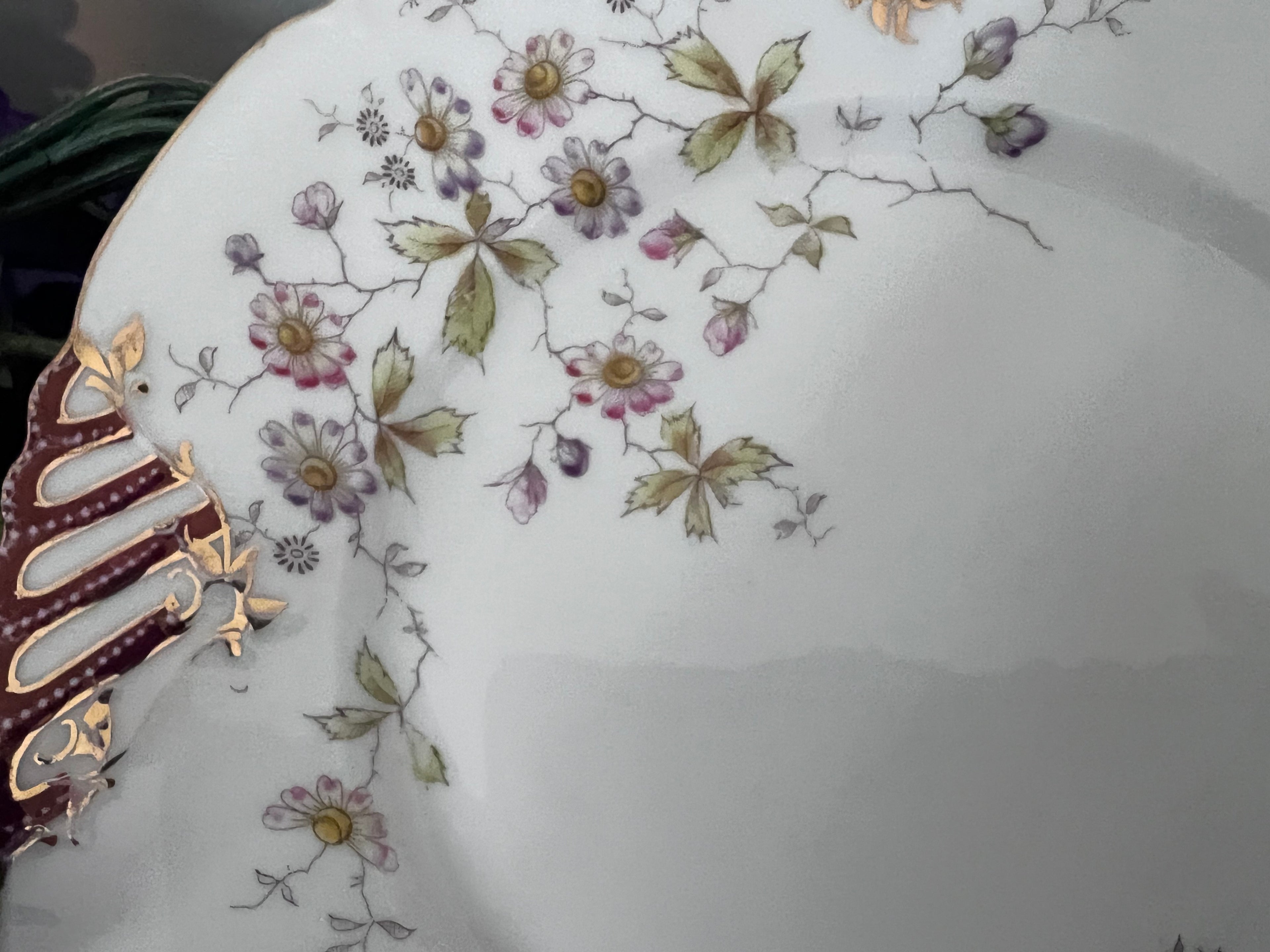 Antique German Porcelain Cabinet Plate – Pierced Burgundy & Gold Lattice Rim – Delicate Wildflower Floral Spray – Hand-Painted "QQ" Mark