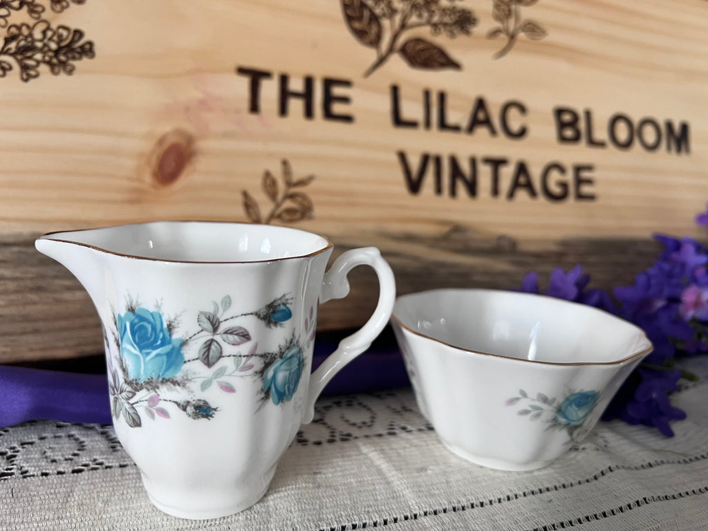 Royal Grafton Fine Bone China Creamer Sugar Bowl Set – Blue Rose Gold Rim England