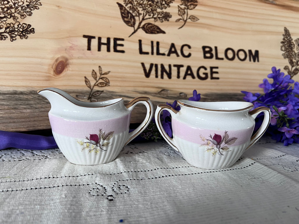Antique Gibson & Sons Creamer and Sugar Bowl - Pink Band Rose Pattern - Early 20th Century English Ironstone