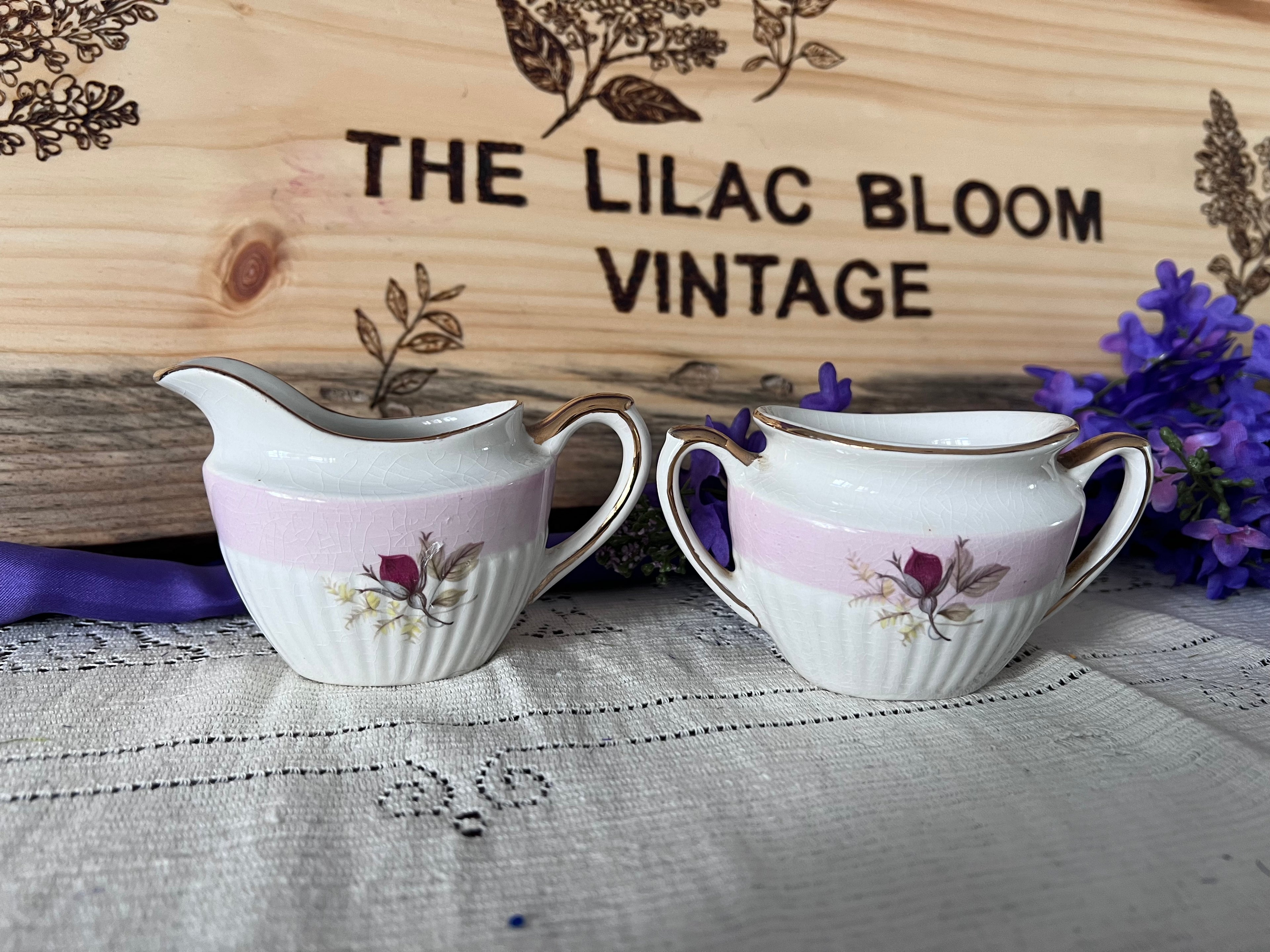 Antique Gibson & Sons Creamer and Sugar Bowl - Pink Band Rose Pattern - Early 20th Century English Ironstone