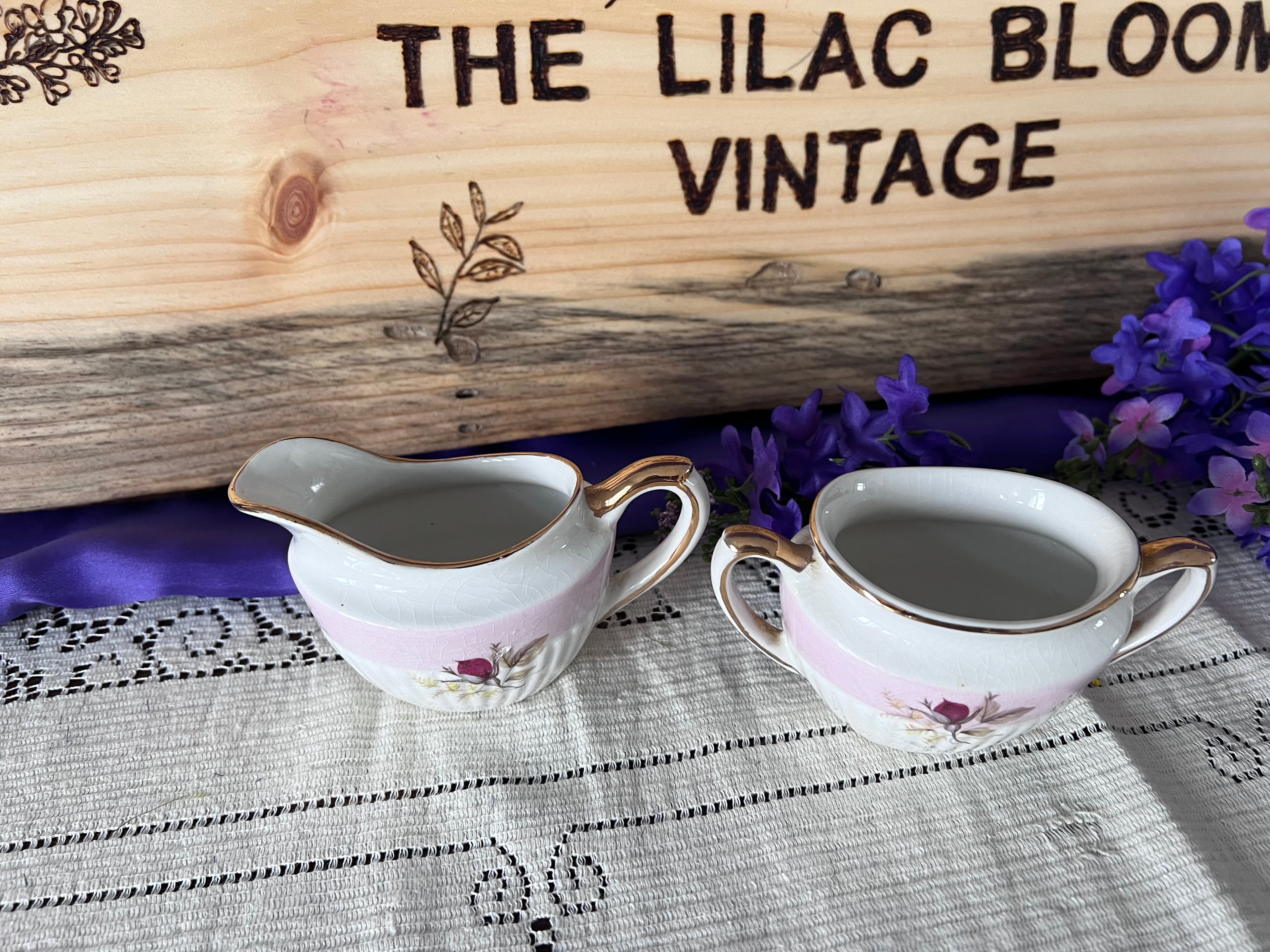 Antique Gibson & Sons Creamer and Sugar Bowl - Pink Band Rose Pattern - Early 20th Century English Ironstone