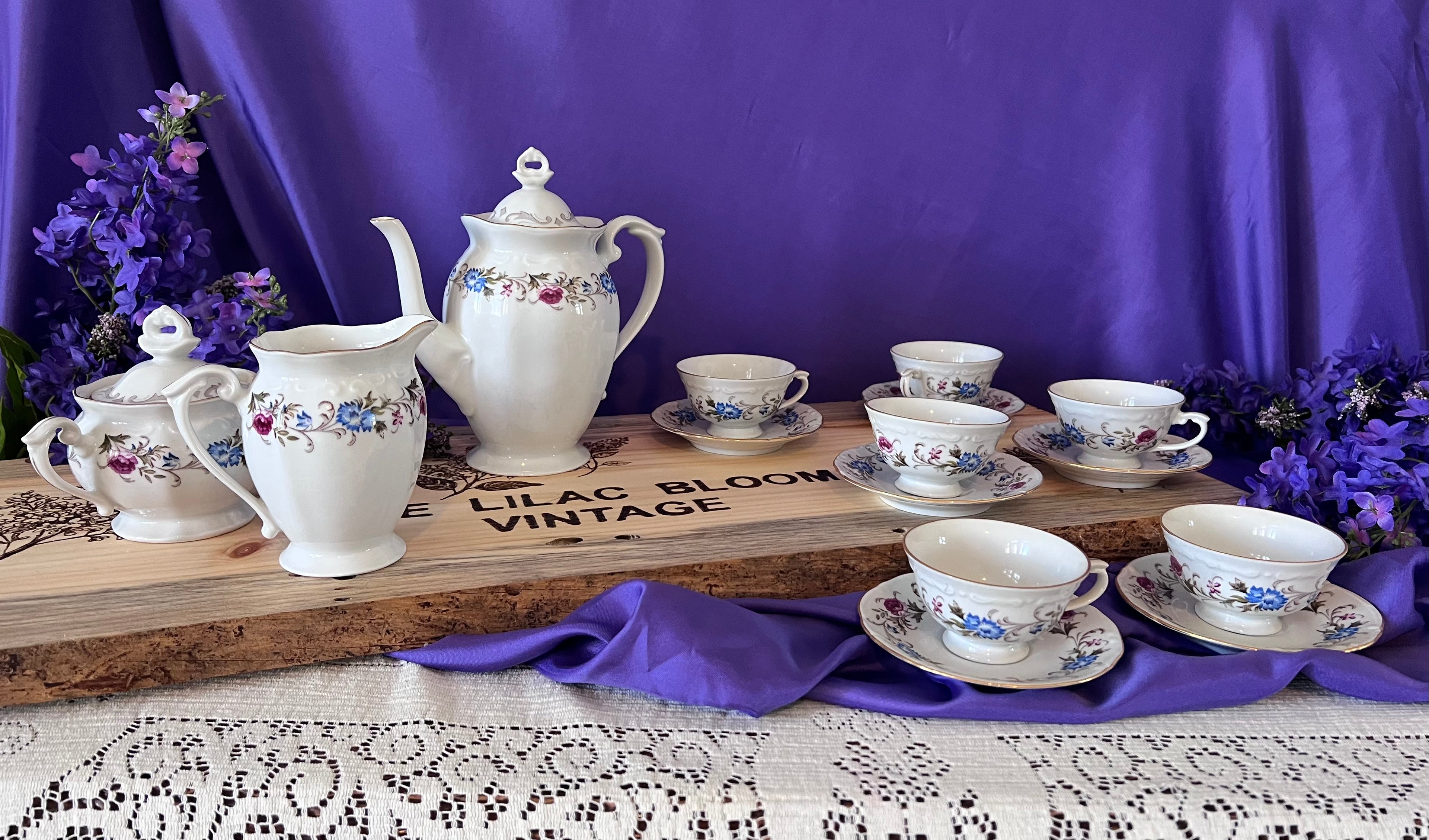 Pristine Chodziez Poland Tea Set for 6 - Pink & Blue Floral Swag with Gold Trim - Vintage Polish Porcelain Service