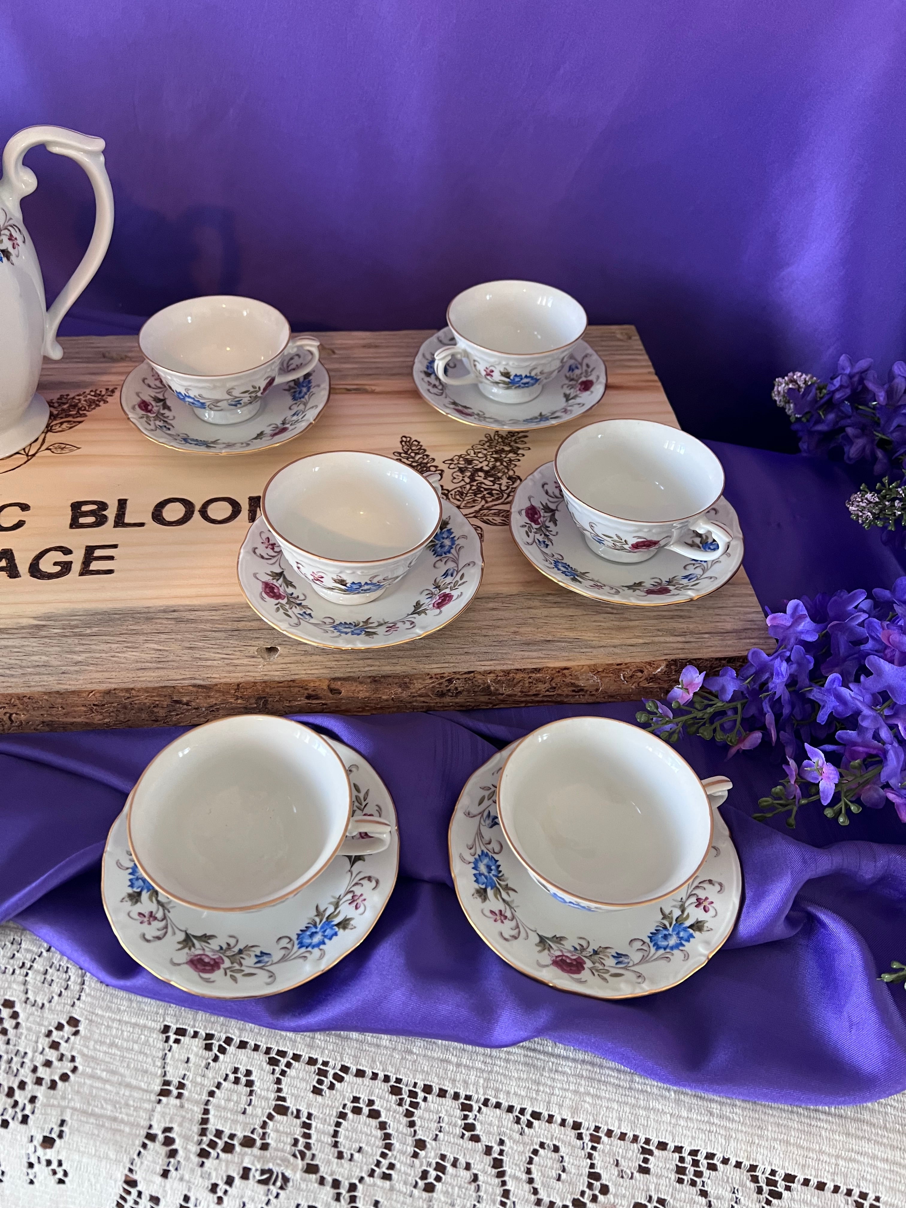 Pristine Chodziez Poland Tea Set for 6 - Pink & Blue Floral Swag with Gold Trim - Vintage Polish Porcelain Service