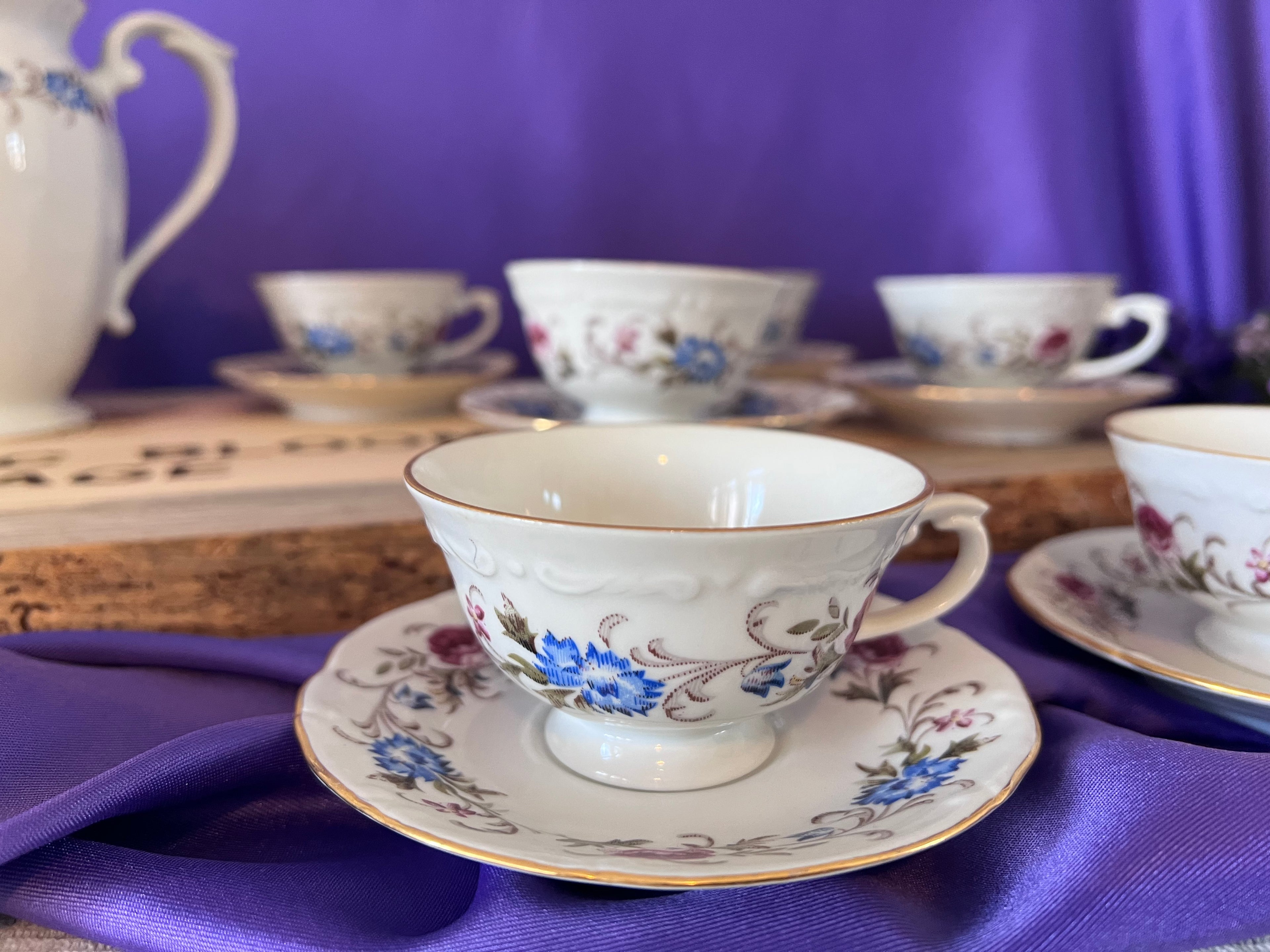 Pristine Chodziez Poland Tea Set for 6 - Pink & Blue Floral Swag with Gold Trim - Vintage Polish Porcelain Service