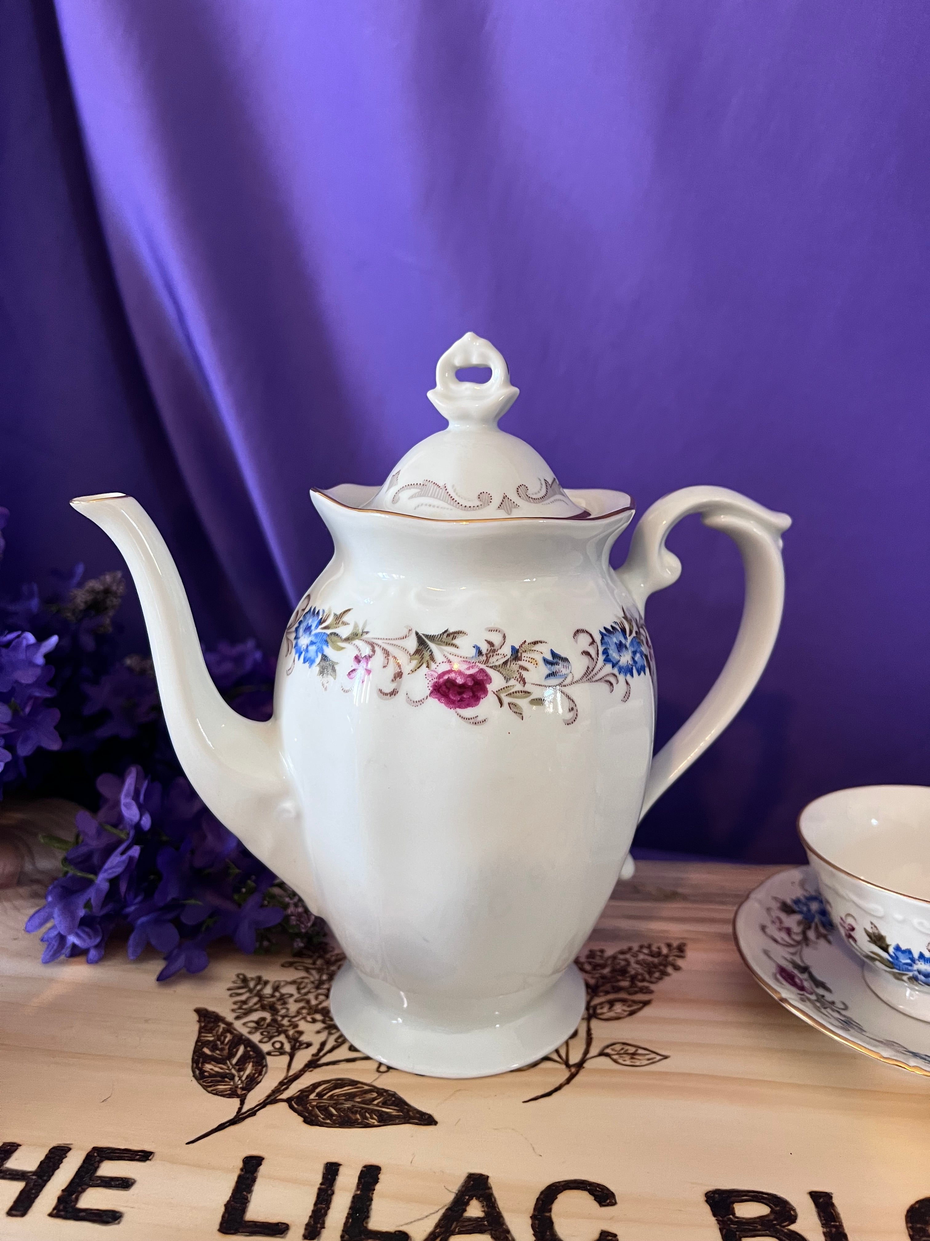 Pristine Chodziez Poland Tea Set for 6 - Pink & Blue Floral Swag with Gold Trim - Vintage Polish Porcelain Service