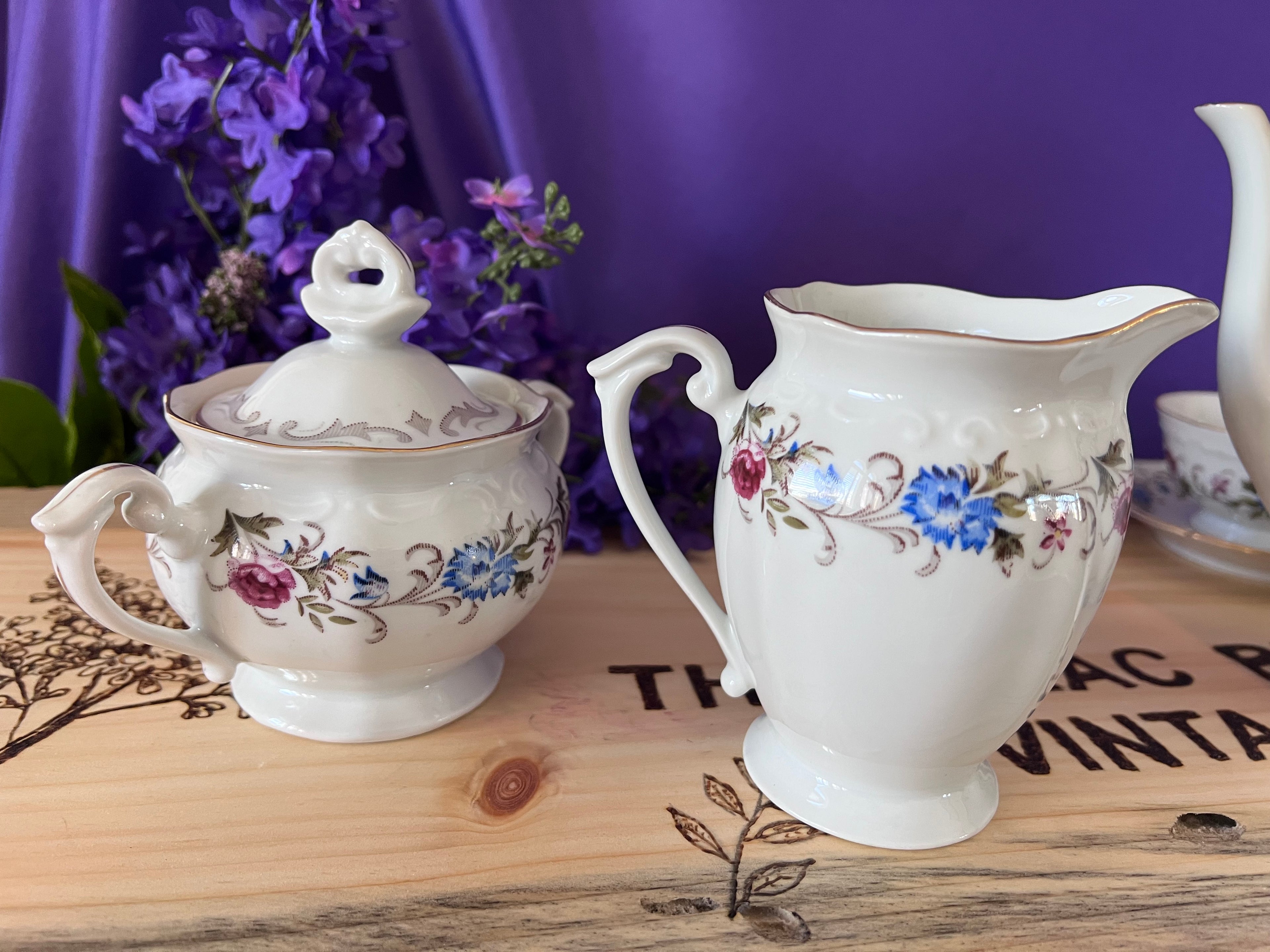 Pristine Chodziez Poland Tea Set for 6 - Pink & Blue Floral Swag with Gold Trim - Vintage Polish Porcelain Service