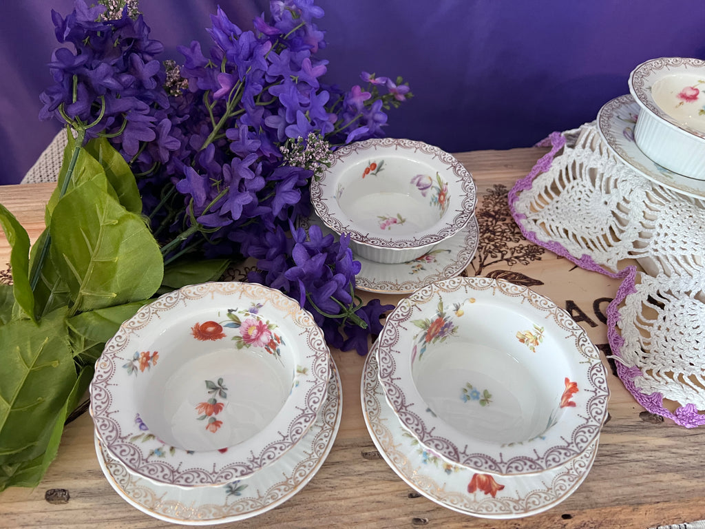 Vintage Z. S. & Co. Bavaria Floral Ribbed Ramekin & Saucer Sets - Service for 6