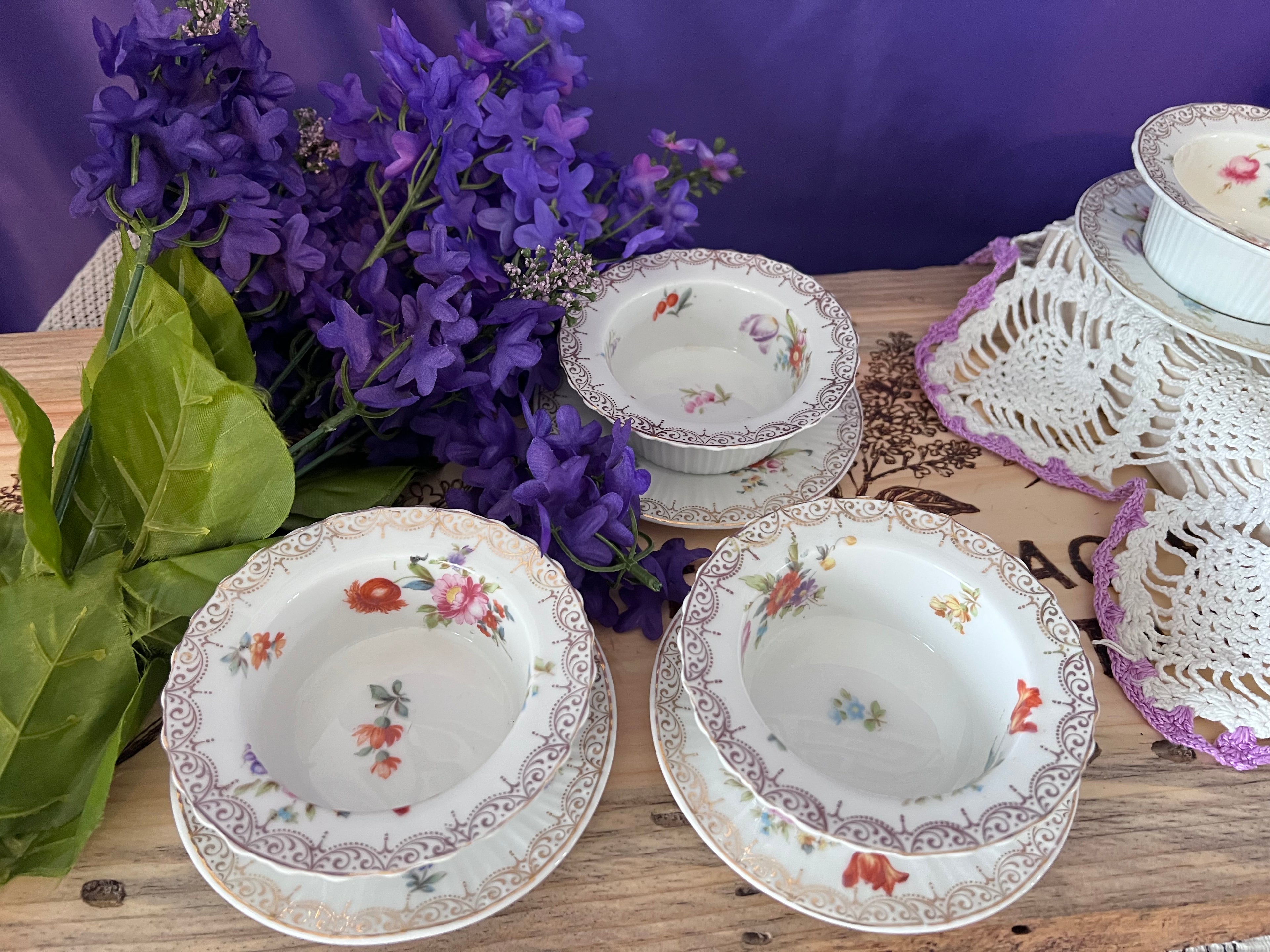 Vintage Z. S. & Co. Bavaria Floral Ribbed Ramekin & Saucer Sets - Service for 6