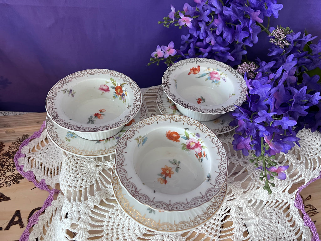 Vintage Z. S. & Co. Bavaria Floral Ribbed Ramekin & Saucer Sets - Service for 6