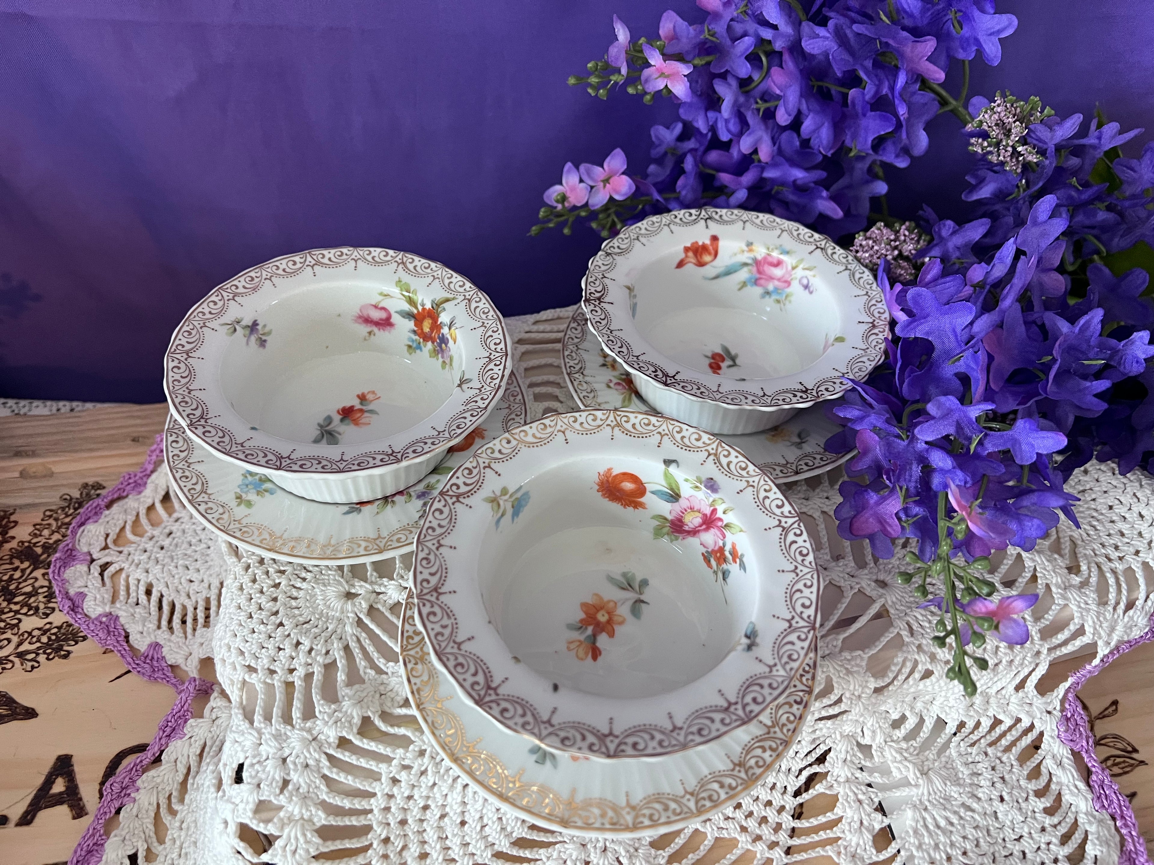 Vintage Z. S. & Co. Bavaria Floral Ribbed Ramekin & Saucer Sets - Service for 6