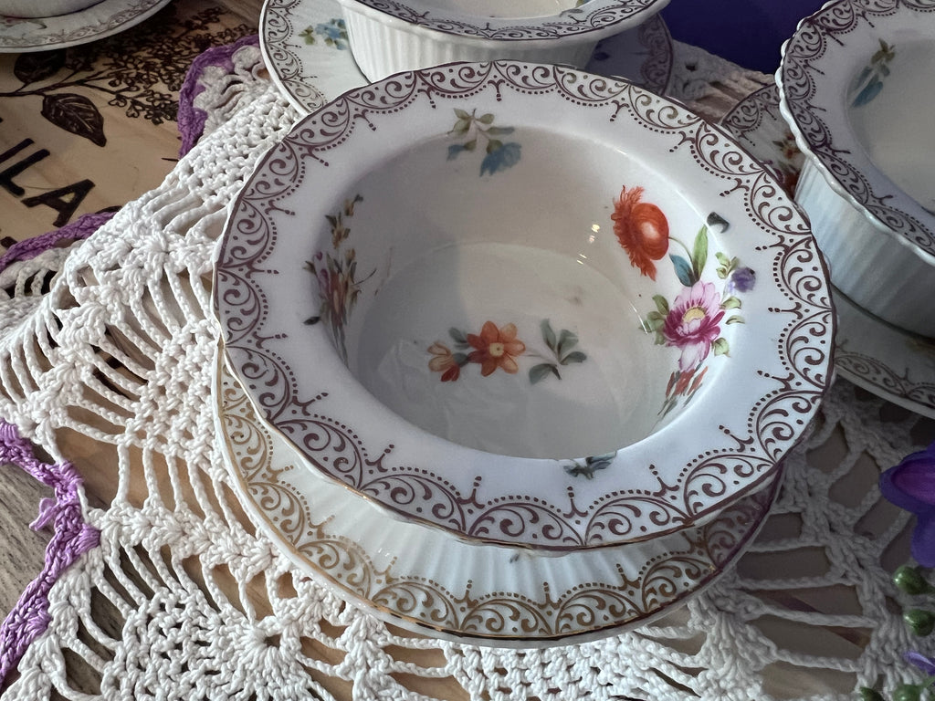 Vintage Z. S. & Co. Bavaria Floral Ribbed Ramekin & Saucer Sets - Service for 6
