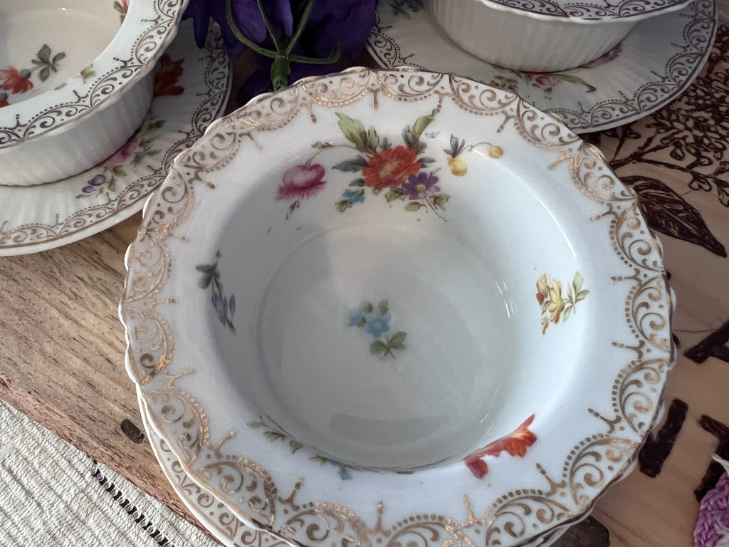 Vintage Z. S. & Co. Bavaria Floral Ribbed Ramekin & Saucer Sets - Service for 6