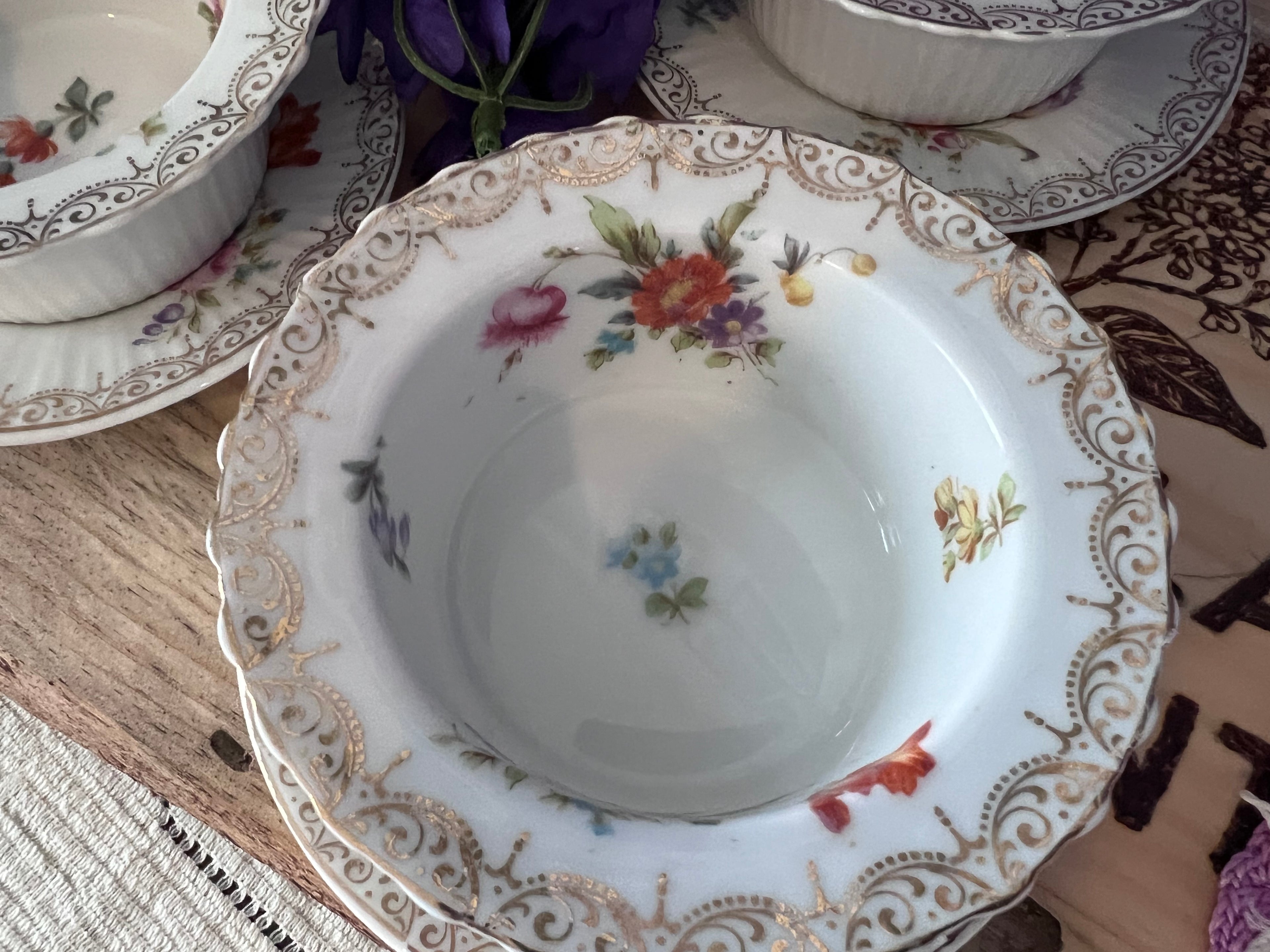 Vintage Z. S. & Co. Bavaria Floral Ribbed Ramekin & Saucer Sets - Service for 6