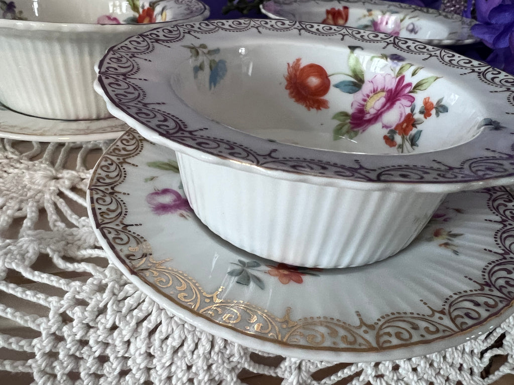 Vintage Z. S. & Co. Bavaria Floral Ribbed Ramekin & Saucer Sets - Service for 6