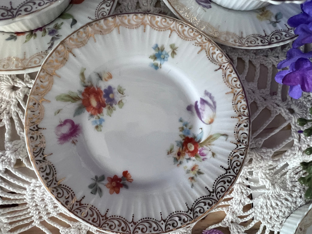 Vintage Z. S. & Co. Bavaria Floral Ribbed Ramekin & Saucer Sets - Service for 6