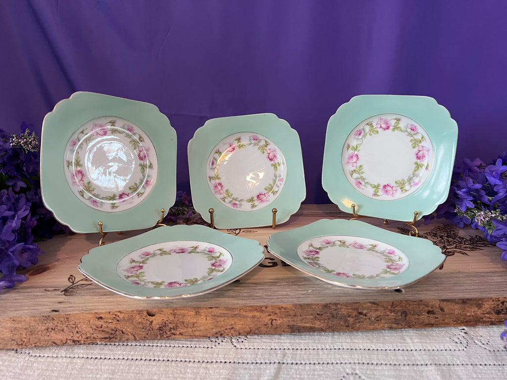 Vintage MZ Altrohlau Czechoslovakia Square Dessert Plates - Set of 5 - Mint Green & Purple Rose Wreath - Scalloped Gold Rim - 1920s Art Deco