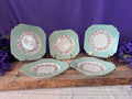 Vintage MZ Altrohlau Czechoslovakia Square Dessert Plates - Set of 5 - Mint Green & Purple Rose Wreath - Scalloped Gold Rim - 1920s Art Deco
