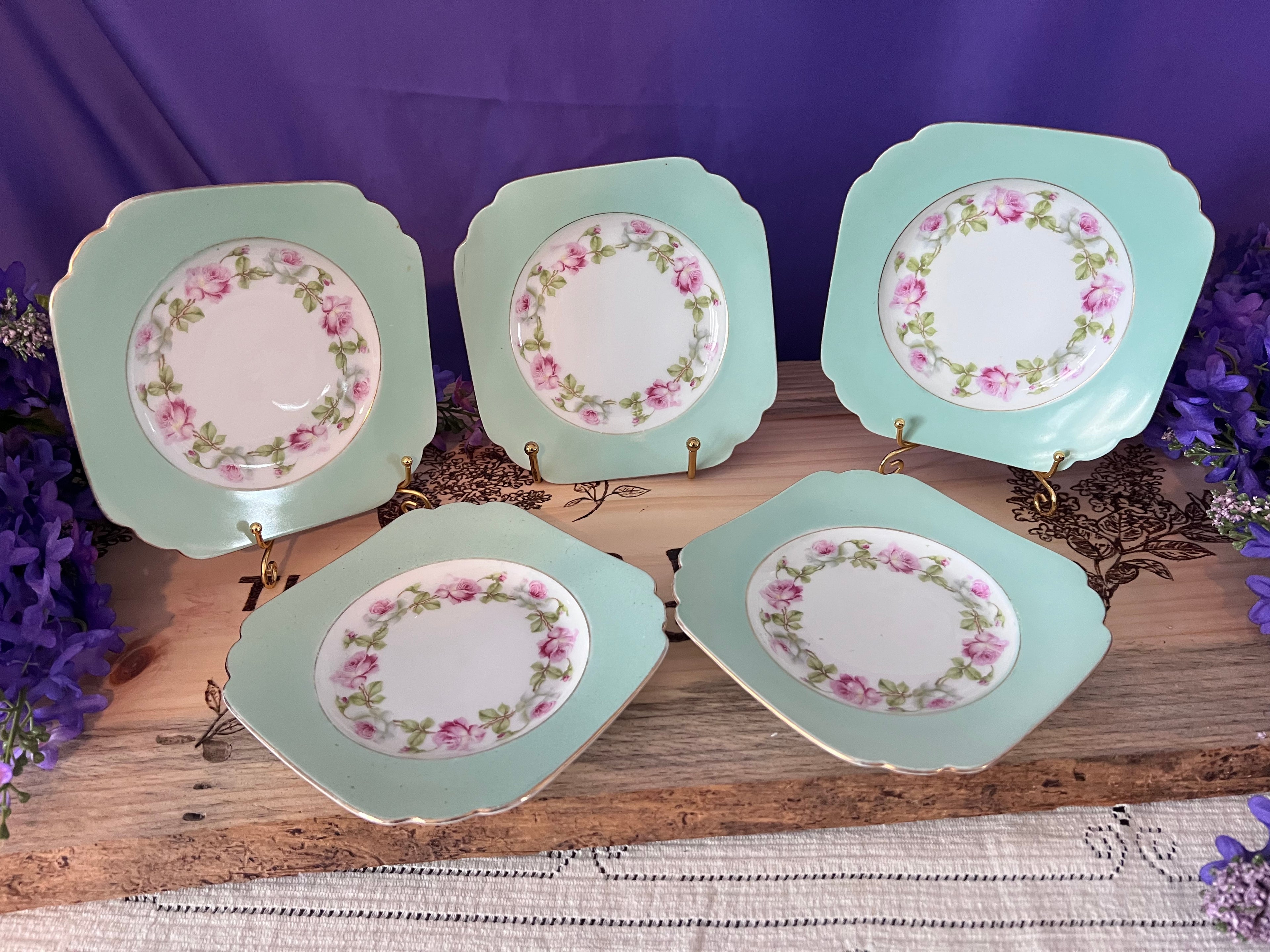 Vintage MZ Altrohlau Czechoslovakia Square Dessert Plates - Set of 5 - Mint Green & Purple Rose Wreath - Scalloped Gold Rim - 1920s Art Deco
