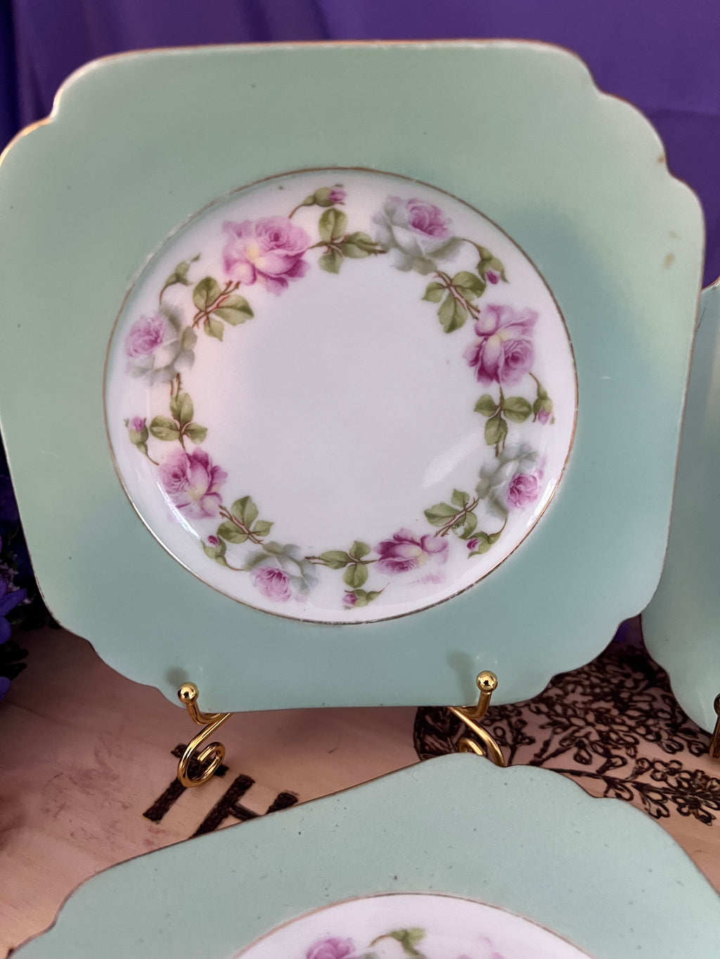 Vintage MZ Altrohlau Czechoslovakia Square Dessert Plates - Set of 5 - Mint Green & Purple Rose Wreath - Scalloped Gold Rim - 1920s Art Deco