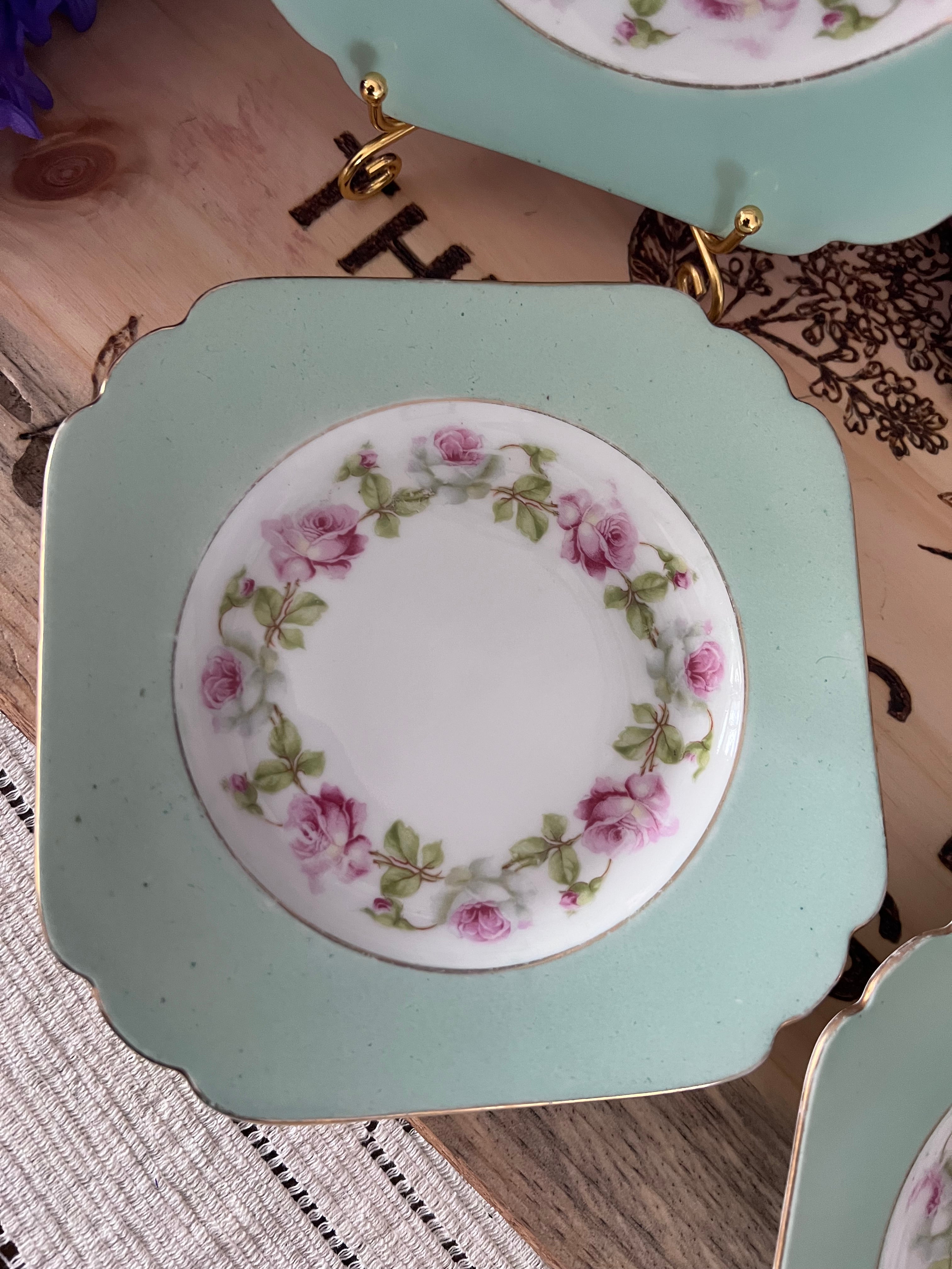 Vintage MZ Altrohlau Czechoslovakia Square Dessert Plates - Set of 5 - Mint Green & Purple Rose Wreath - Scalloped Gold Rim - 1920s Art Deco
