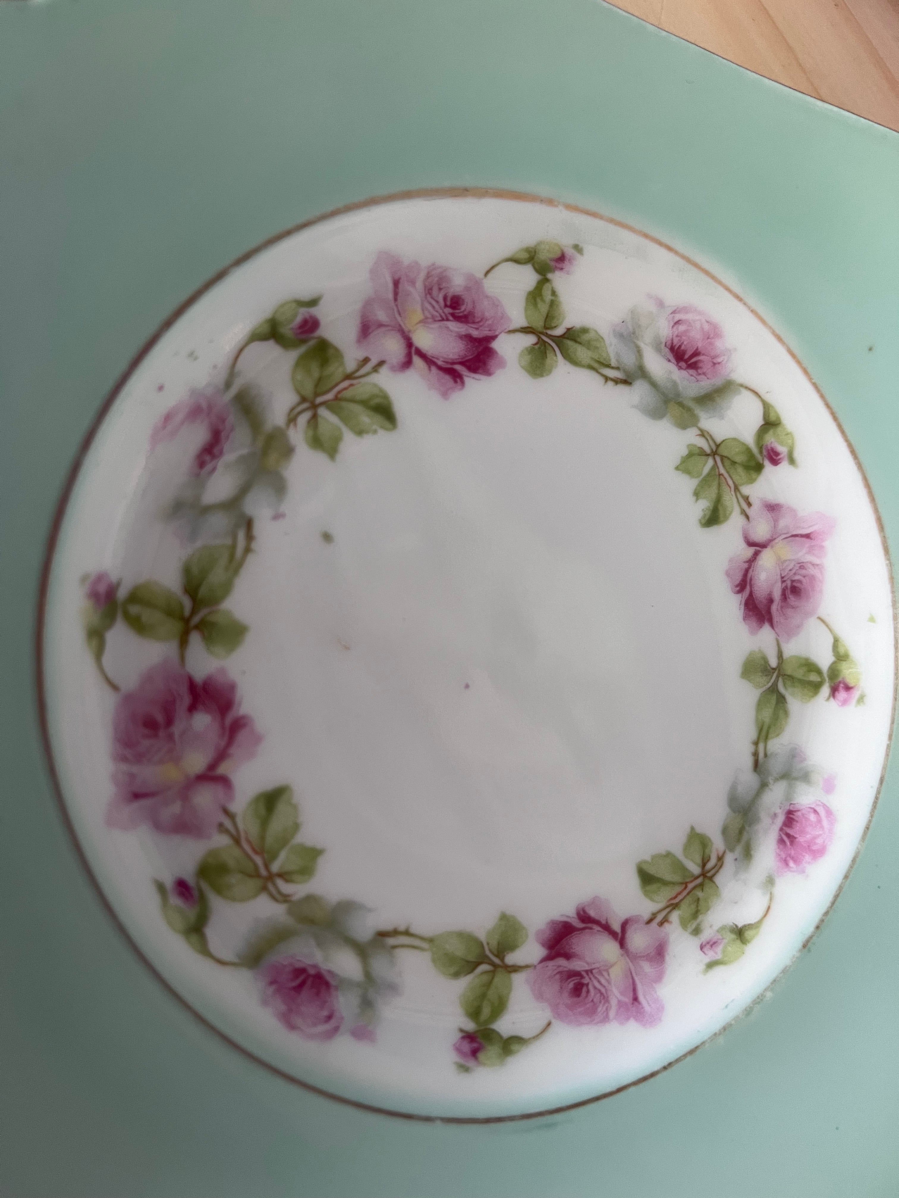 Vintage MZ Altrohlau Czechoslovakia Square Dessert Plates - Set of 5 - Mint Green & Purple Rose Wreath - Scalloped Gold Rim - 1920s Art Deco