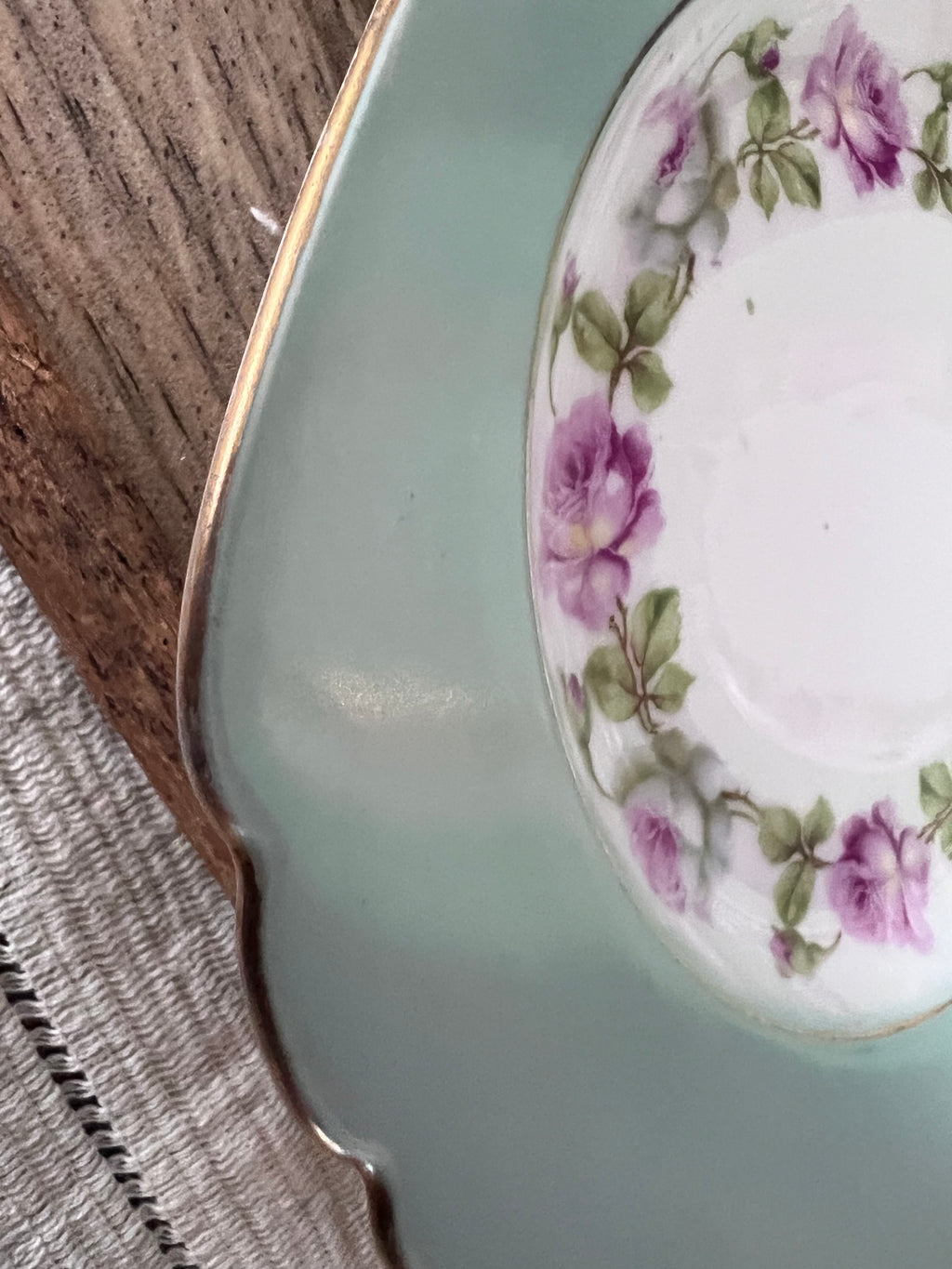 Vintage MZ Altrohlau Czechoslovakia Square Dessert Plates - Set of 5 - Mint Green & Purple Rose Wreath - Scalloped Gold Rim - 1920s Art Deco