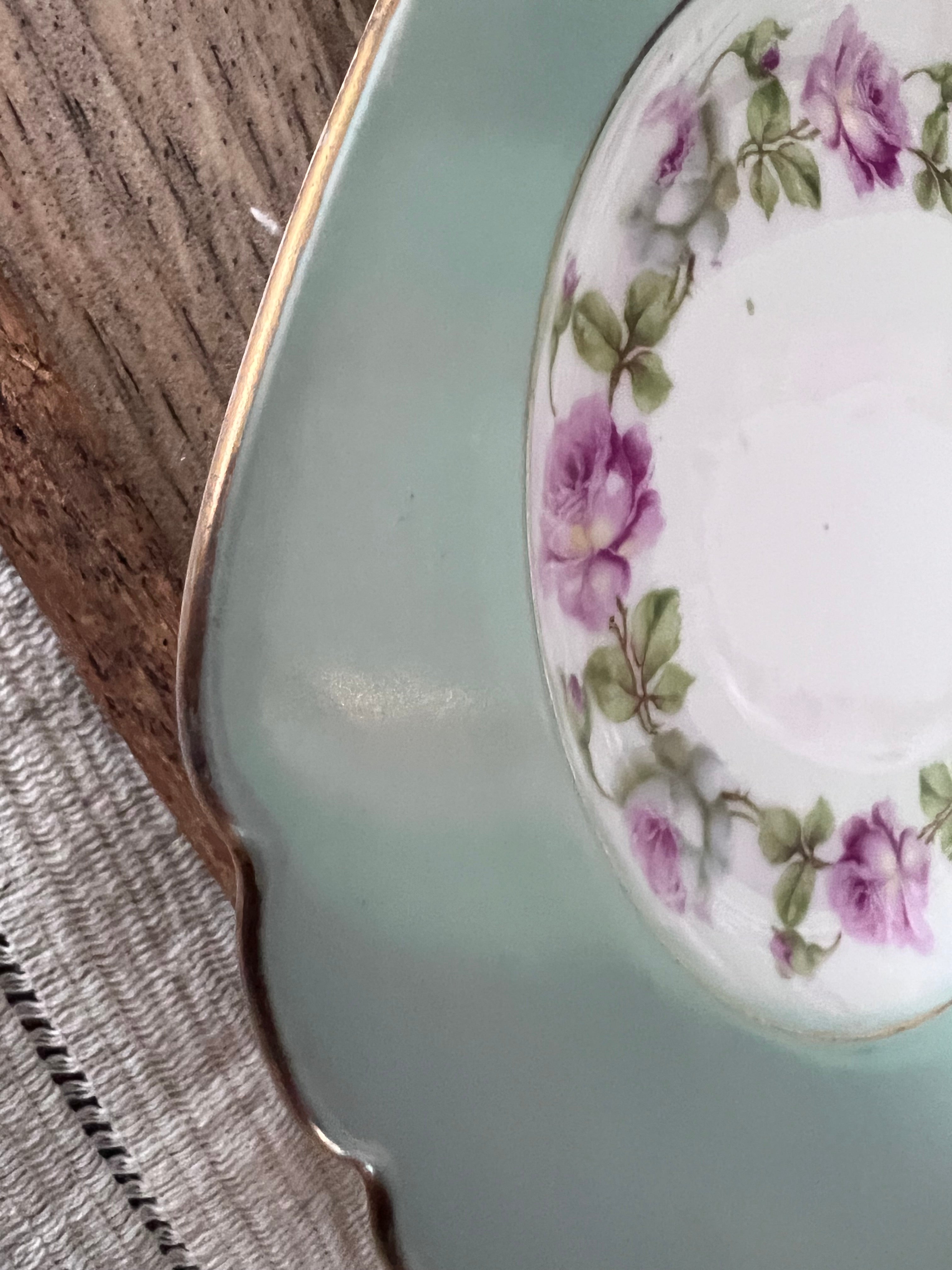 Vintage MZ Altrohlau Czechoslovakia Square Dessert Plates - Set of 5 - Mint Green & Purple Rose Wreath - Scalloped Gold Rim - 1920s Art Deco