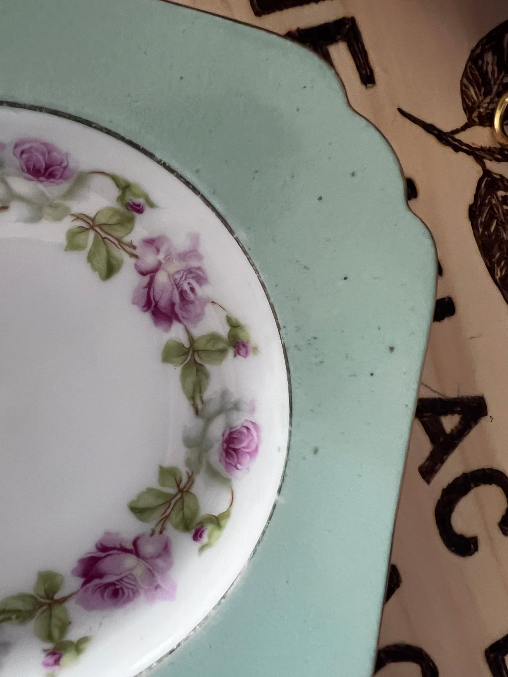 Vintage MZ Altrohlau Czechoslovakia Square Dessert Plates - Set of 5 - Mint Green & Purple Rose Wreath - Scalloped Gold Rim - 1920s Art Deco