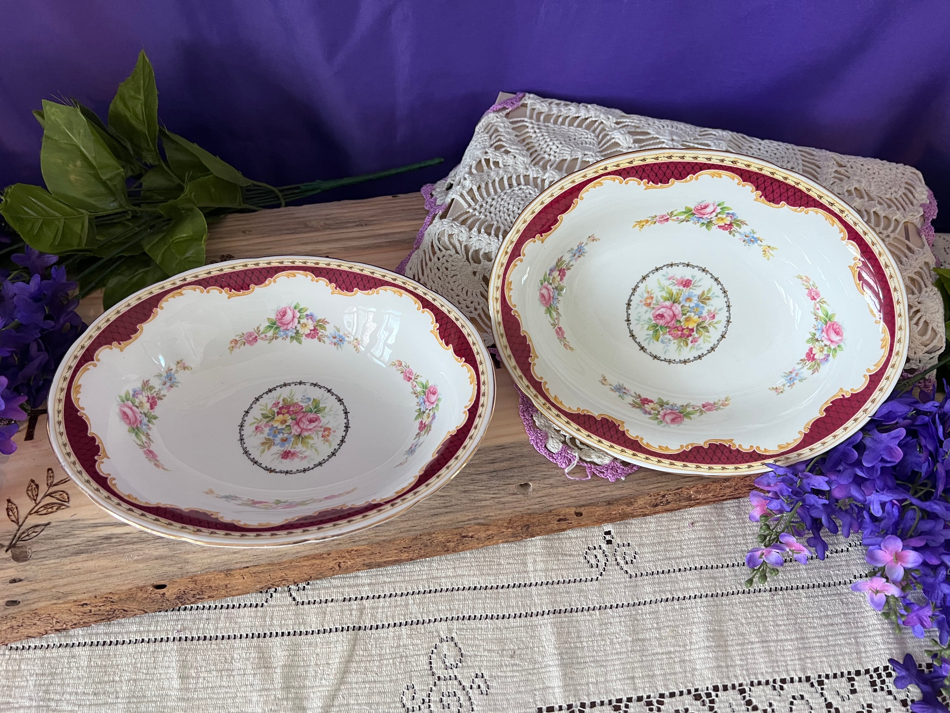 Vintage Heathcote Bone China Oval Serving Bowls - Set of 2 - Maroon & Gold Lattice with Pink Roses - Made in England