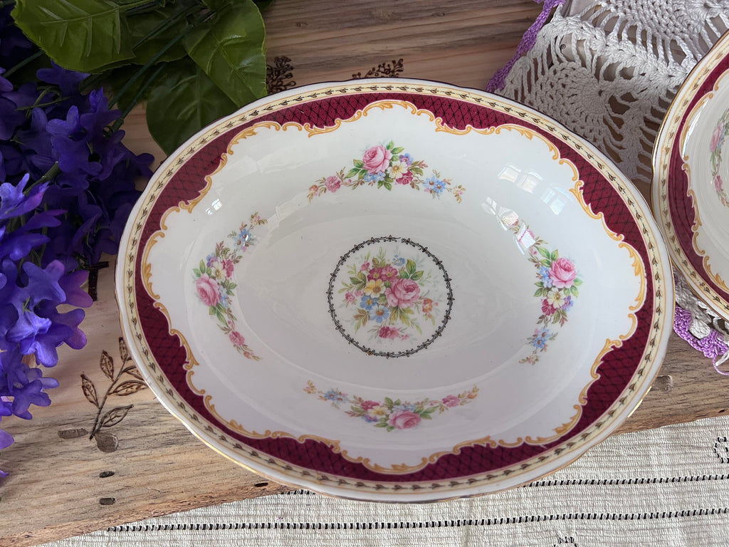 Antique German Porcelain Cabinet Plate – Pierced Burgundy & Gold Lattice Rim – Delicate Wildflower Floral Spray – Hand-Painted "QQ" Mark