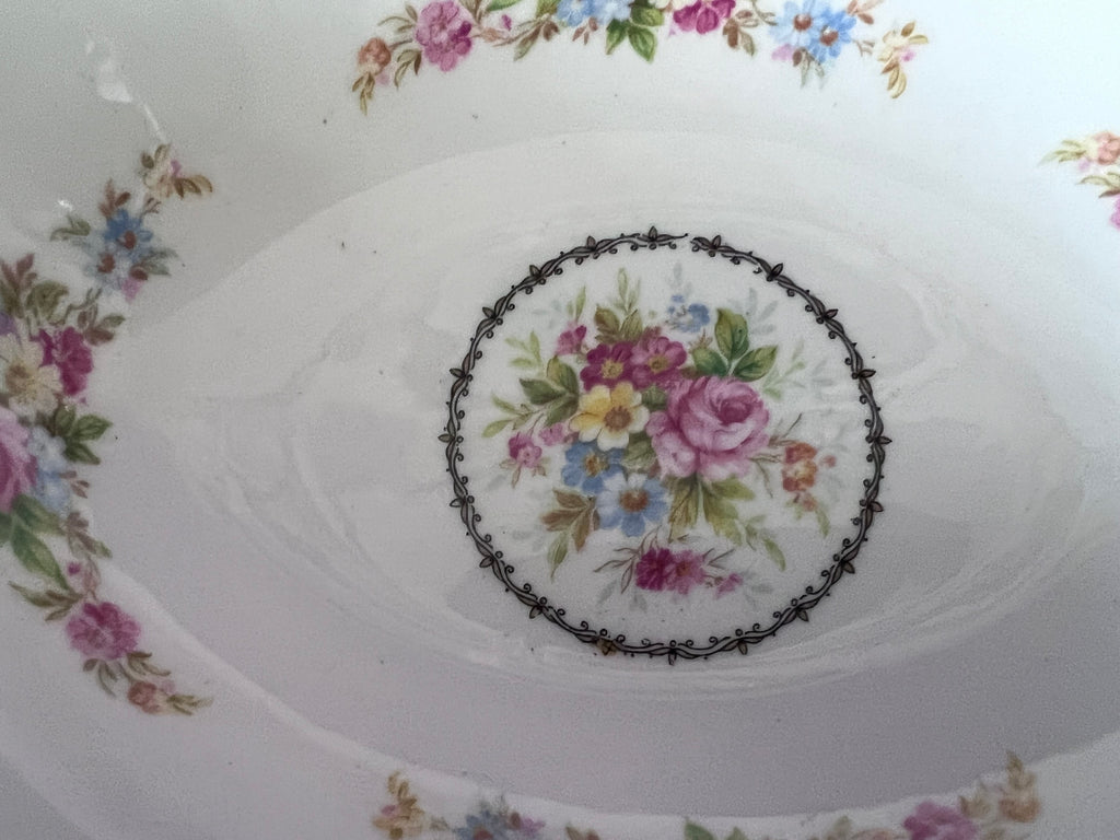 Vintage Heathcote Bone China Oval Serving Bowls - Set of 2 - Maroon & Gold Lattice with Pink Roses - Made in England