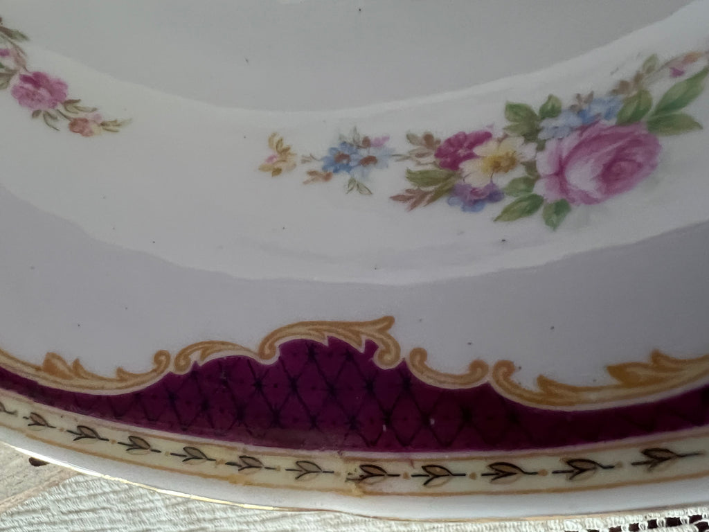 Vintage Heathcote Bone China Oval Serving Bowls - Set of 2 - Maroon & Gold Lattice with Pink Roses - Made in England