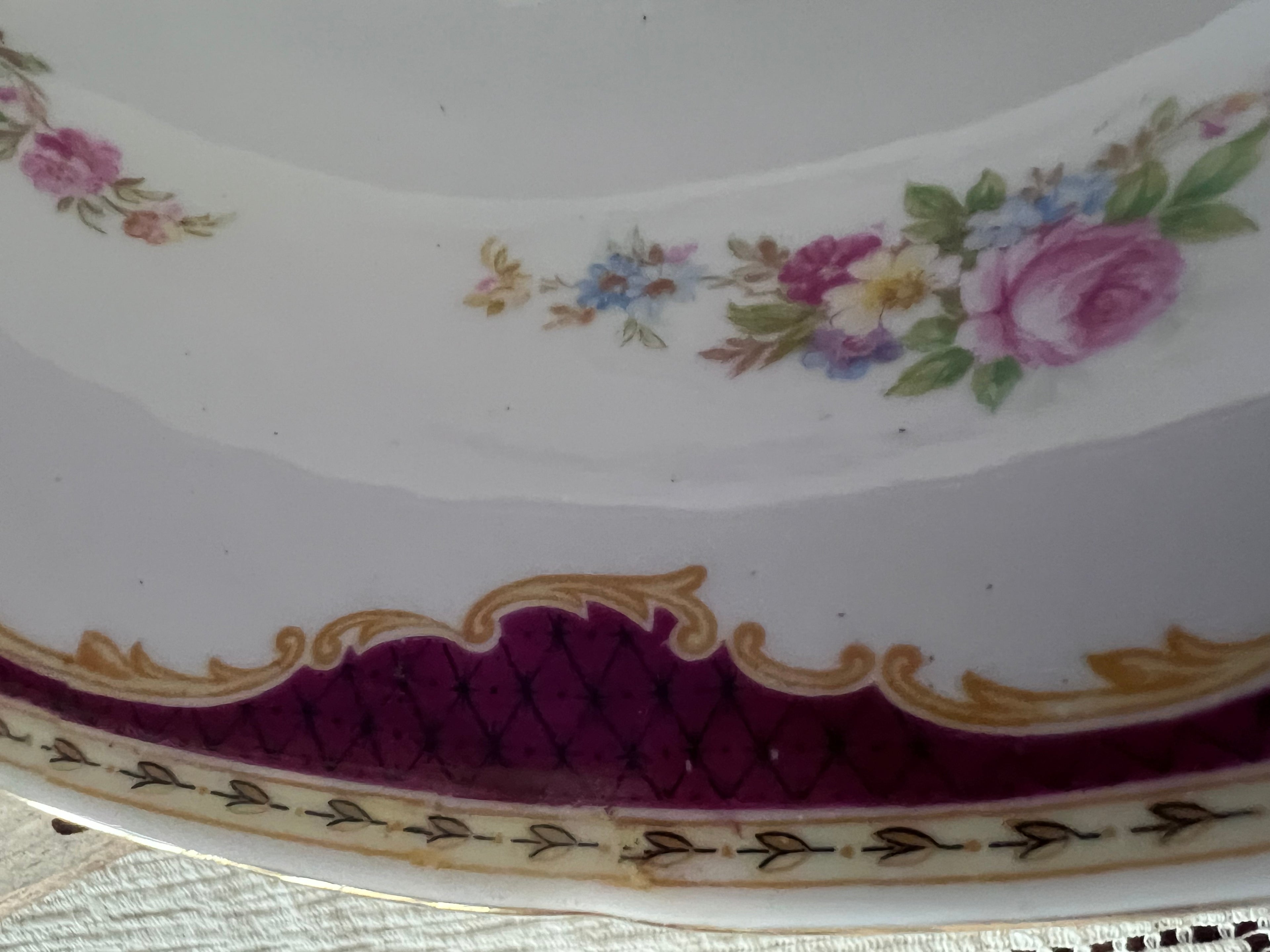 Vintage Heathcote Bone China Oval Serving Bowls - Set of 2 - Maroon & Gold Lattice with Pink Roses - Made in England