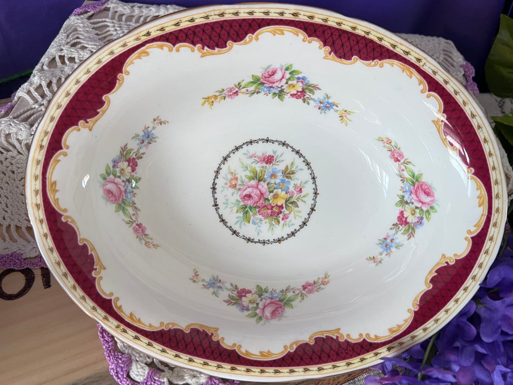 Vintage Heathcote Bone China Oval Serving Bowls - Set of 2 - Maroon & Gold Lattice with Pink Roses - Made in England