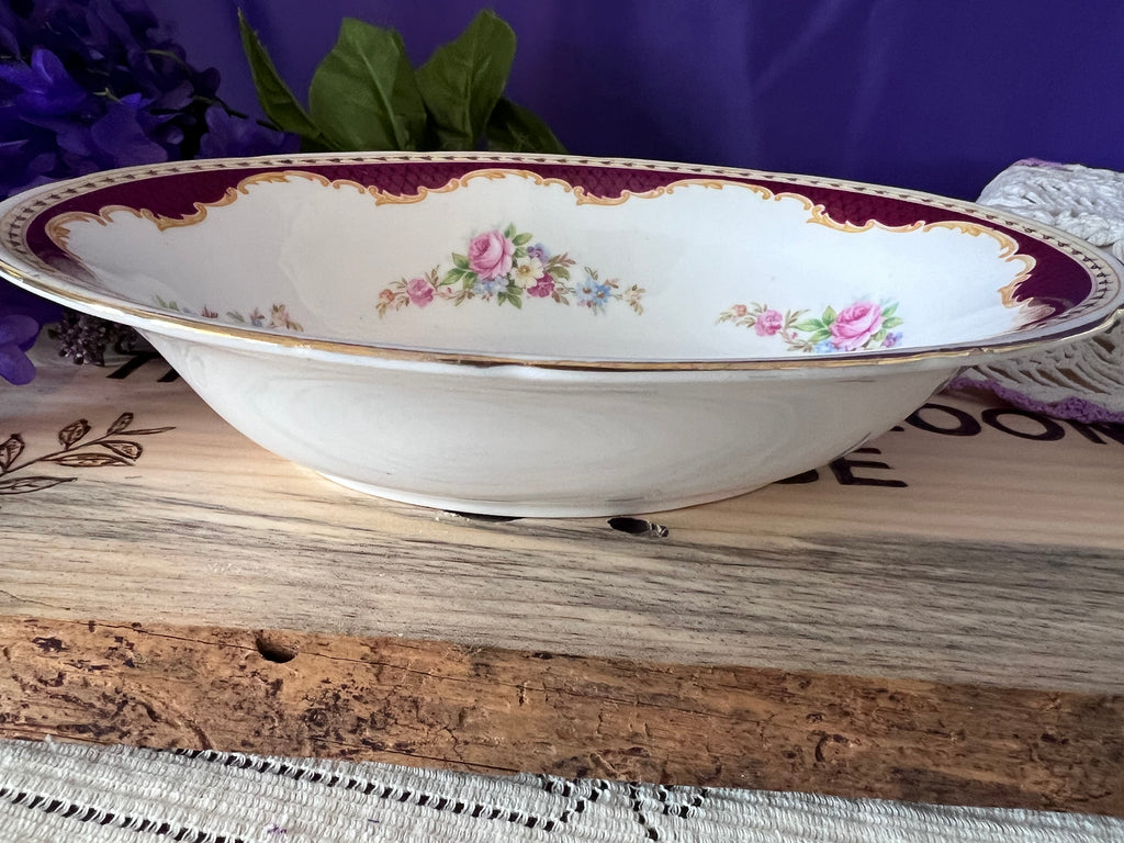Vintage Heathcote Bone China Oval Serving Bowls - Set of 2 - Maroon & Gold Lattice with Pink Roses - Made in England
