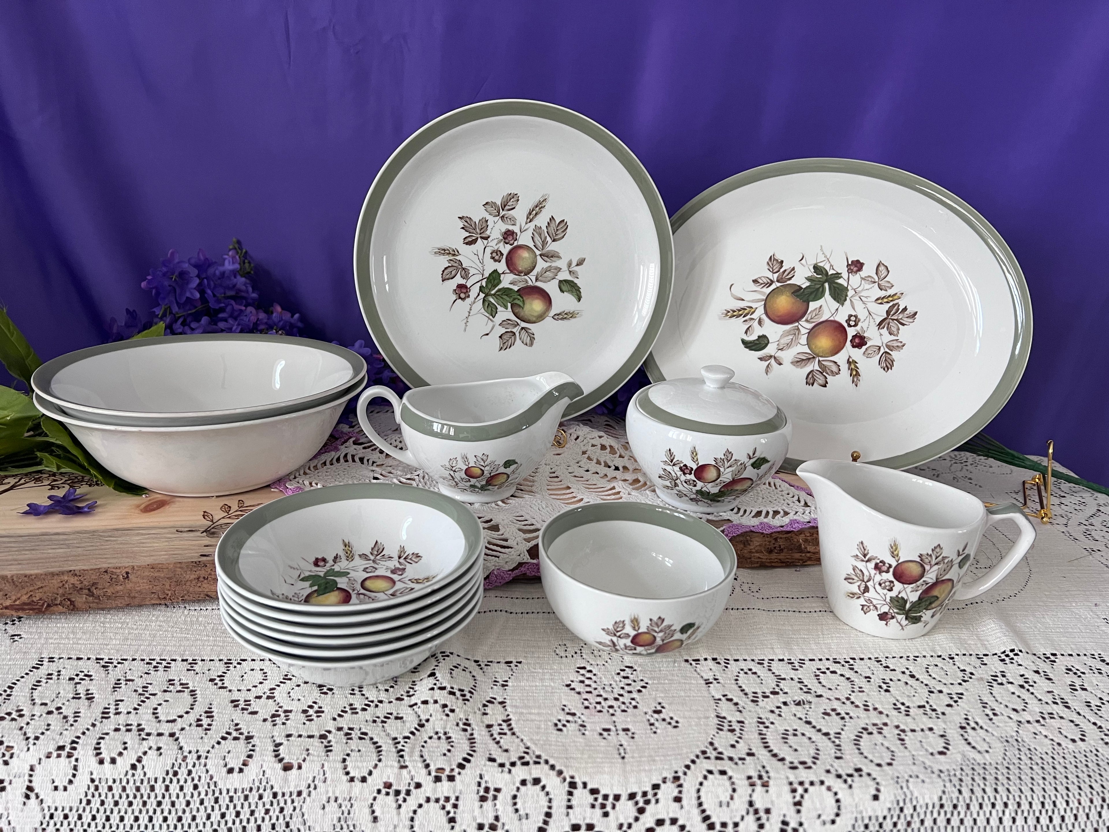 Vintage Alfred Meakin Hereford Ironstone 14 -Piece Set | Harvest Fruit & Sage Green Rim  | Two Serving Bowls, Platter, Cream, Sugar