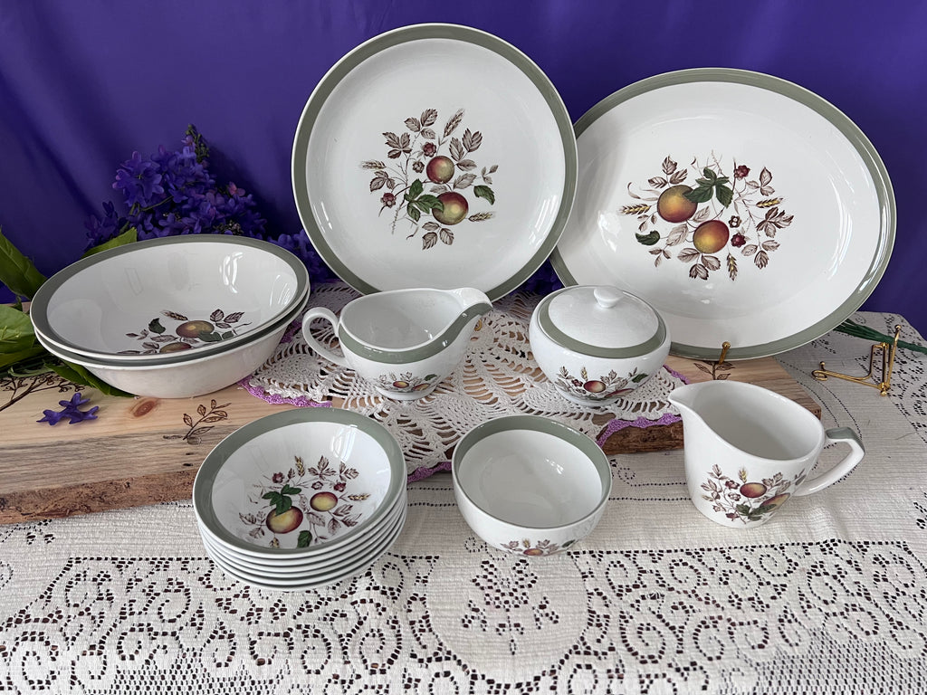 Vintage Alfred Meakin Hereford Ironstone 14 -Piece Set | Harvest Fruit & Sage Green Rim  | Two Serving Bowls, Platter, Cream, Sugar