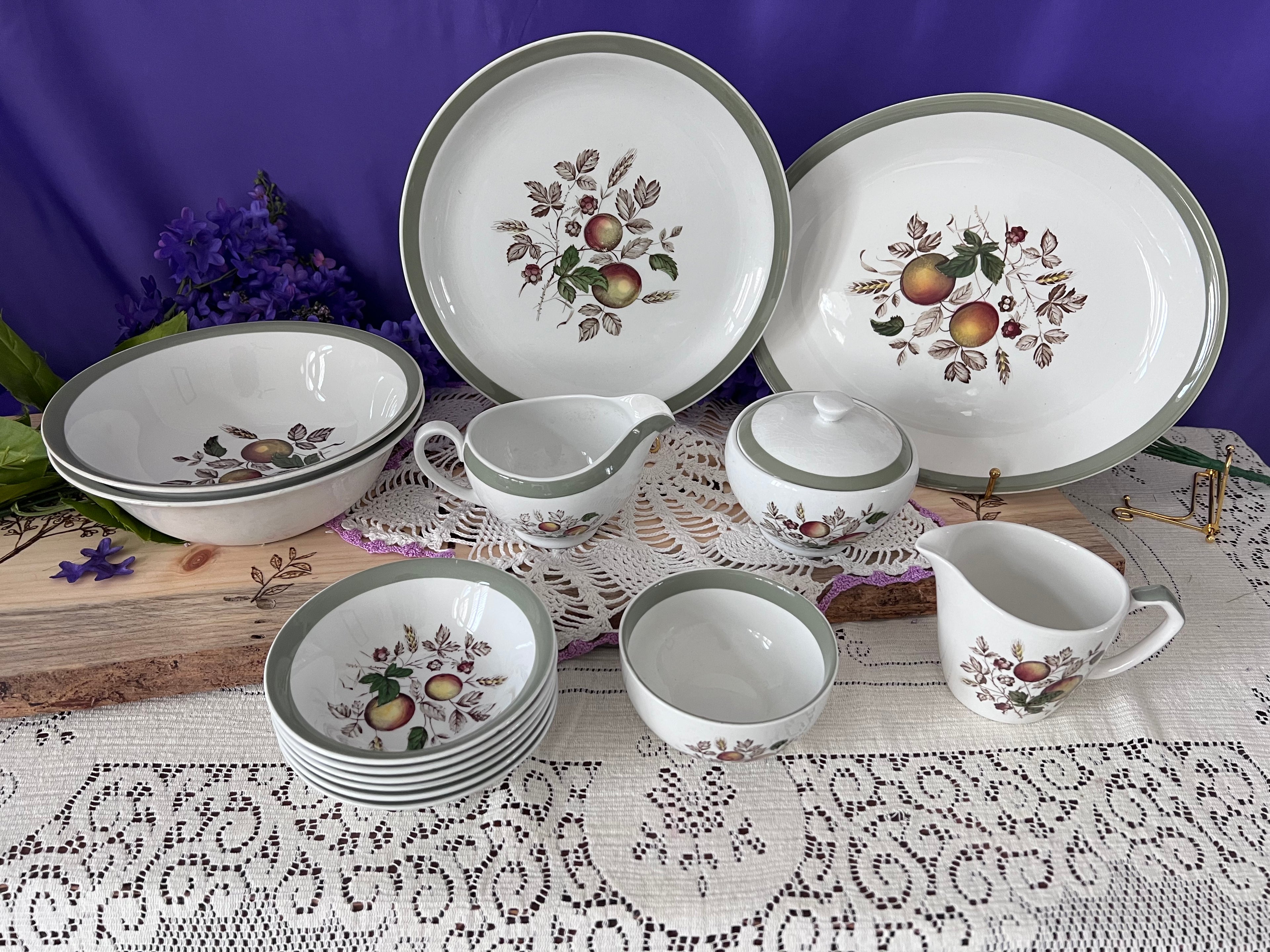 Vintage Alfred Meakin Hereford Ironstone 14 -Piece Set | Harvest Fruit & Sage Green Rim  | Two Serving Bowls, Platter, Cream, Sugar