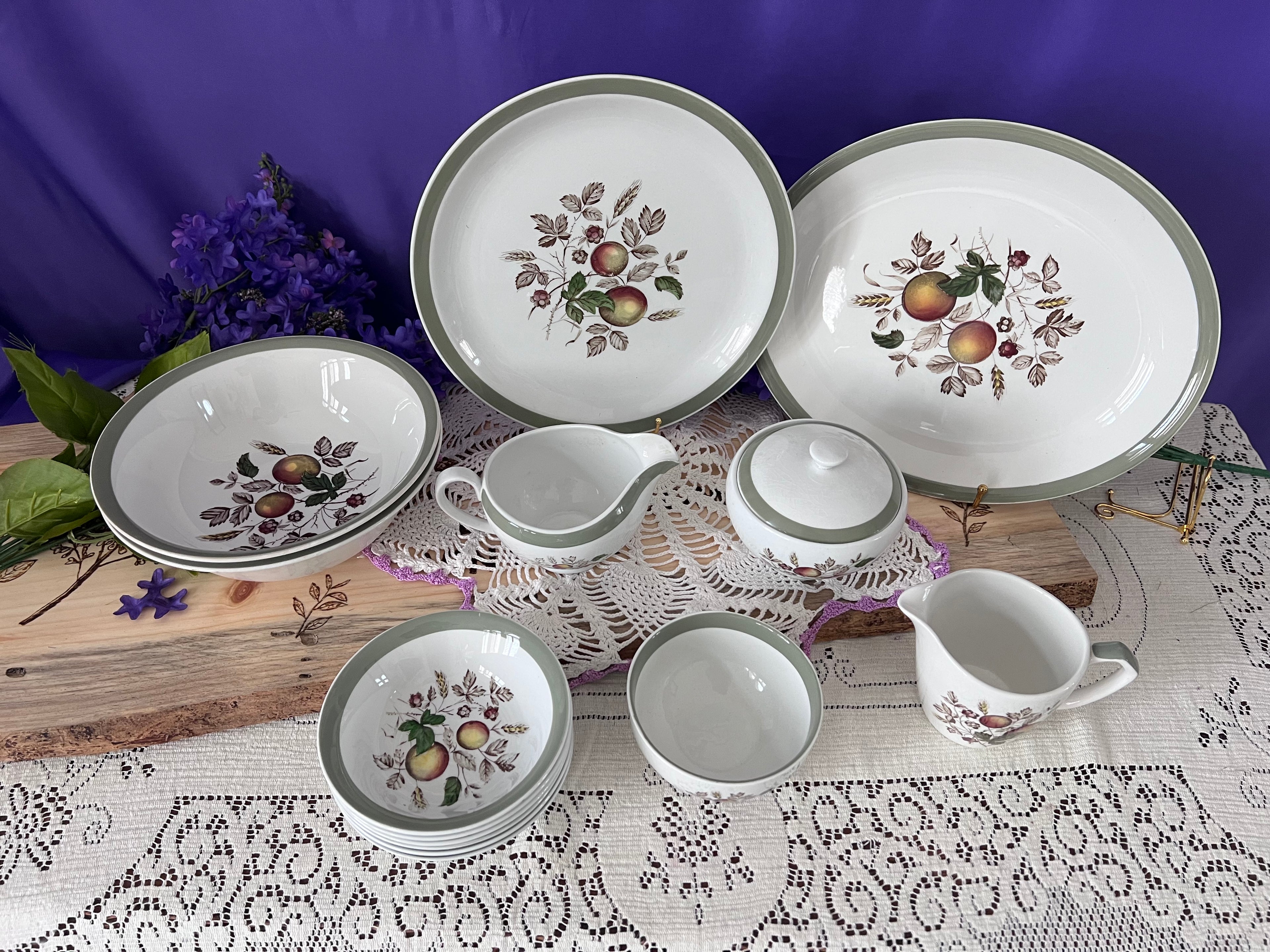 Vintage Alfred Meakin Hereford Ironstone 14 -Piece Set | Harvest Fruit & Sage Green Rim  | Two Serving Bowls, Platter, Cream, Sugar