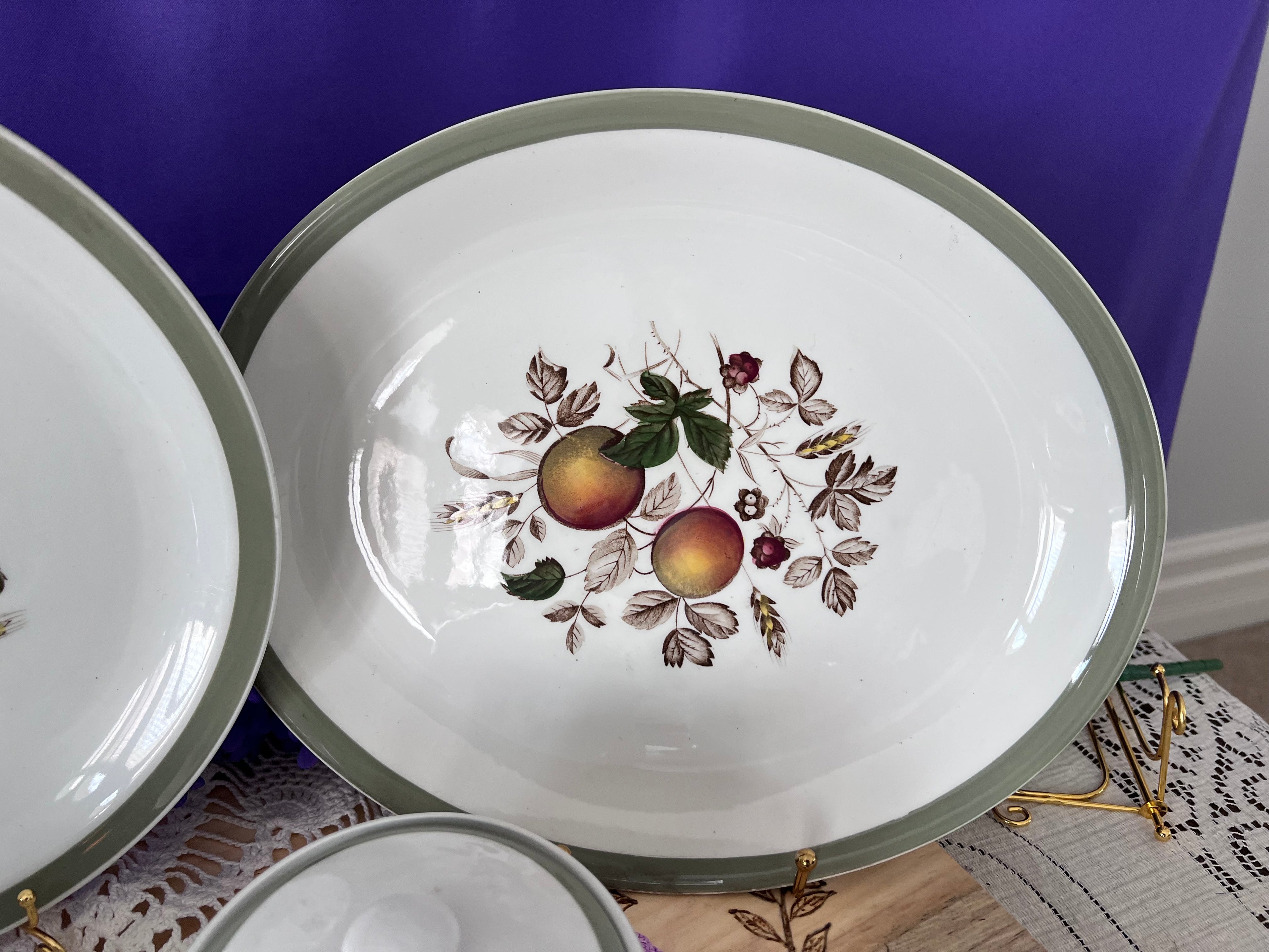 Vintage Alfred Meakin Hereford Ironstone 14 -Piece Set | Harvest Fruit & Sage Green Rim  | Two Serving Bowls, Platter, Cream, Sugar