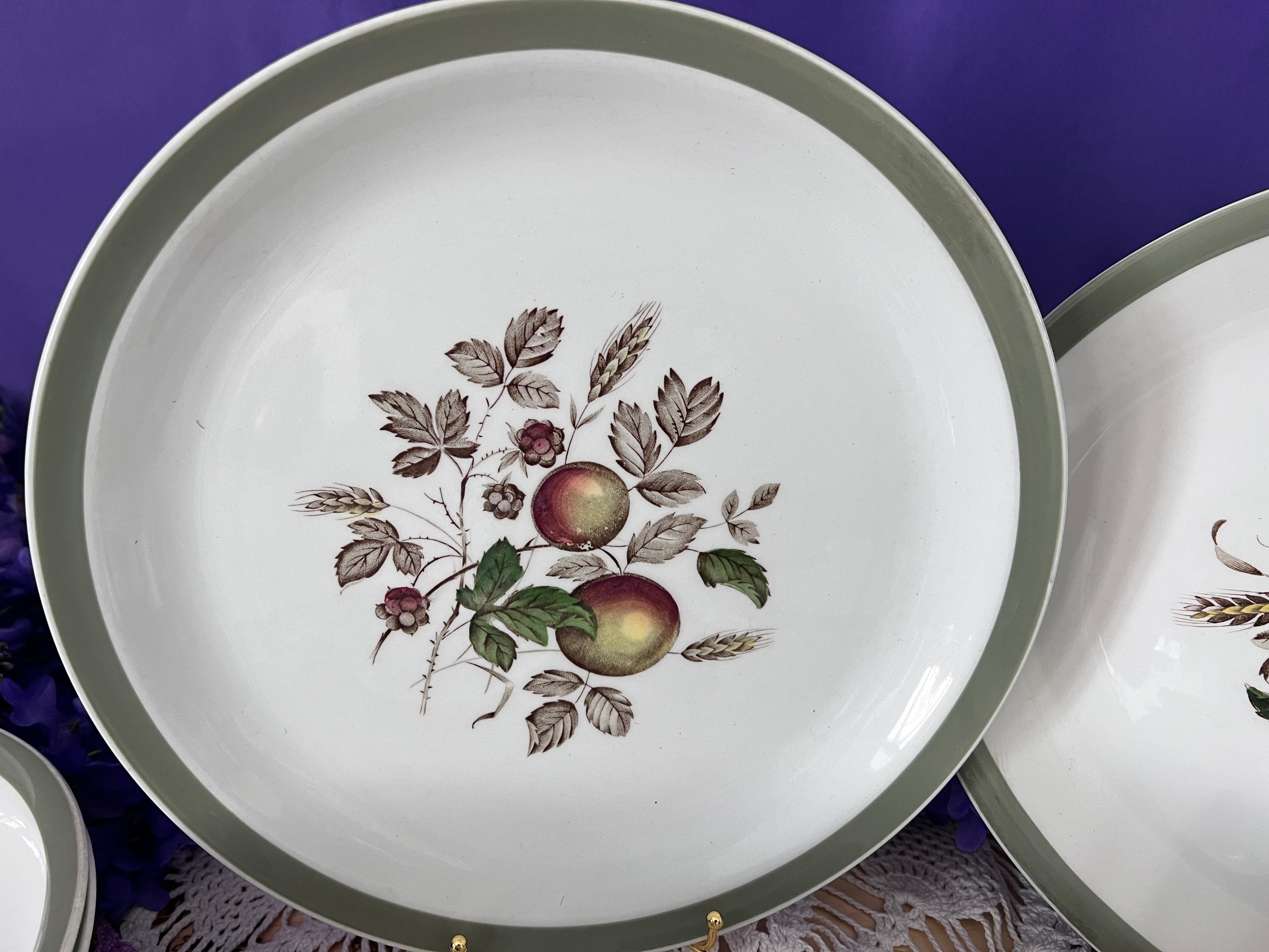 Vintage Alfred Meakin Hereford Ironstone 14 -Piece Set | Harvest Fruit & Sage Green Rim  | Two Serving Bowls, Platter, Cream, Sugar